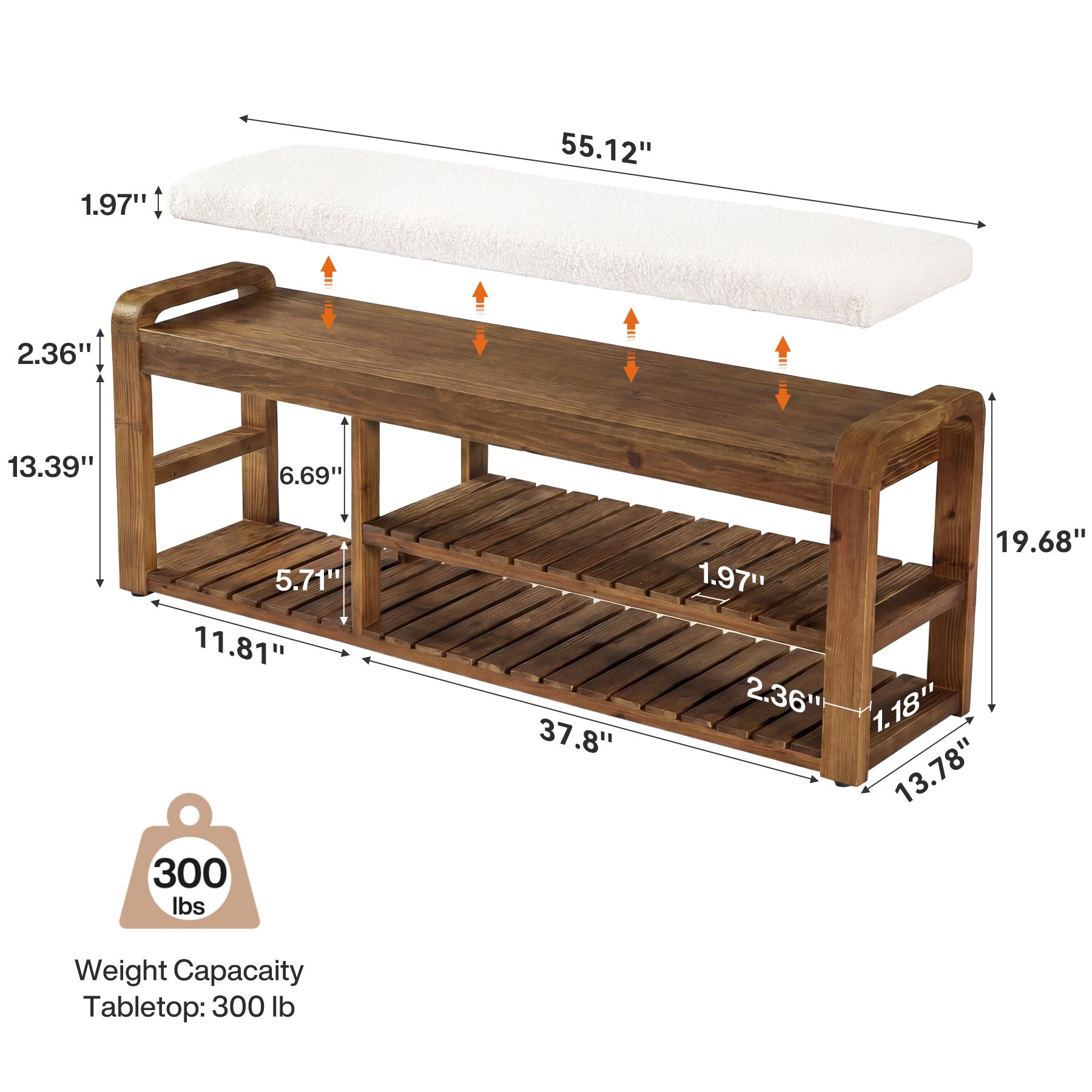 55" Solid Wood Shoe Storage Bench, Upholstered Entryway Bench with Removable Cushion