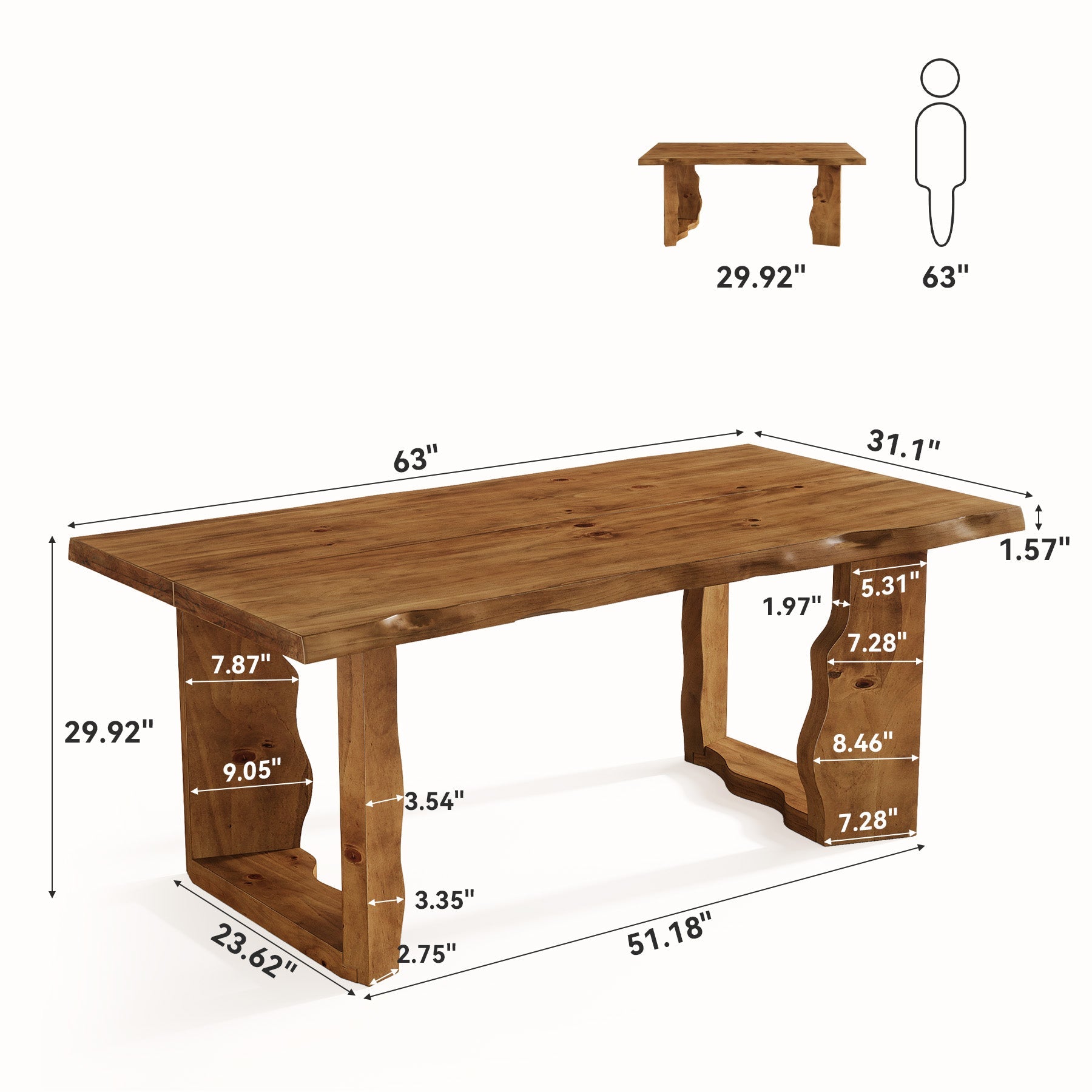 63" Solid Wood Dining Table for 6, Rectangular Kitchen Table with Sculptural Legs