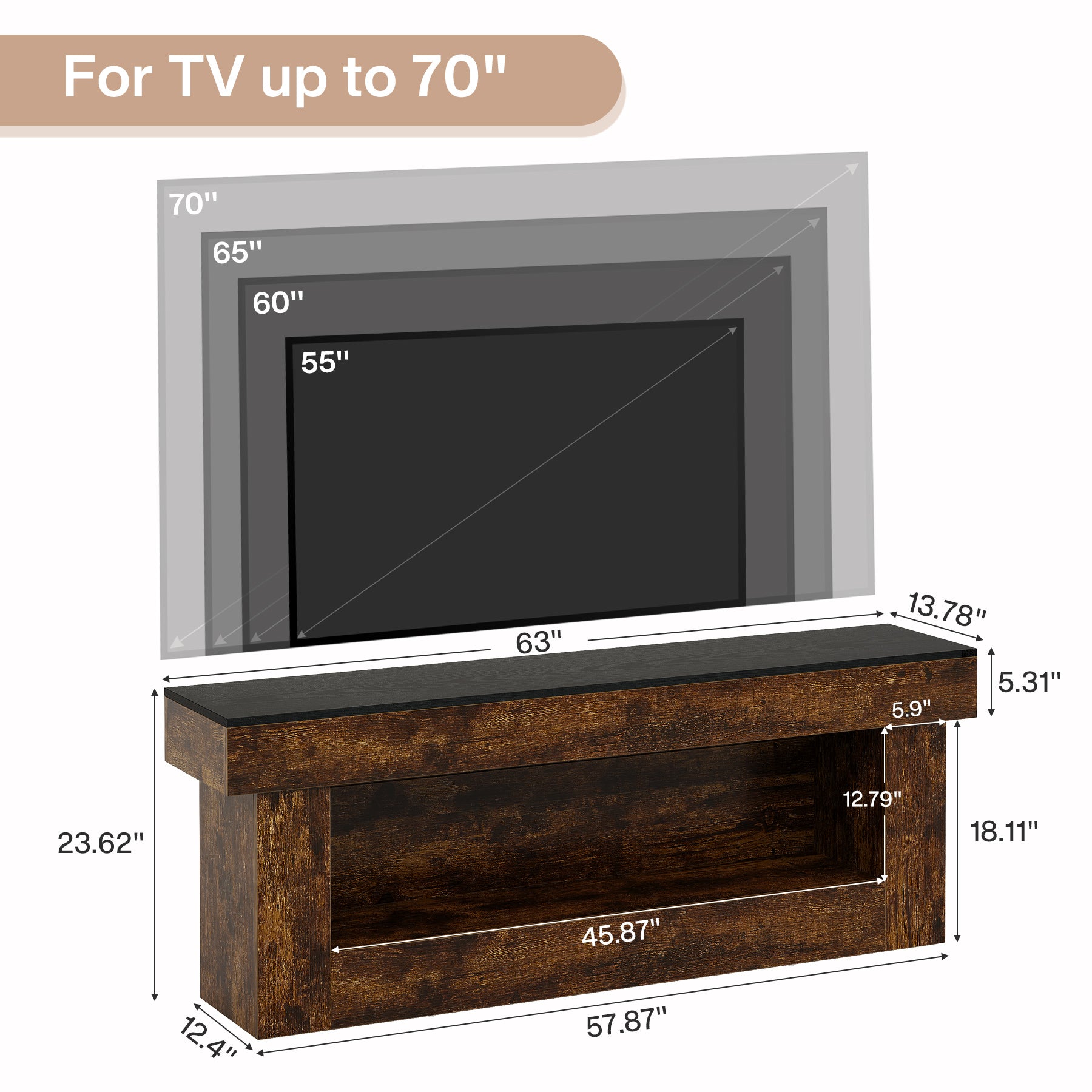 63" TV Stand, Entertainment Center with Open Storage for 60/65/70" TVs