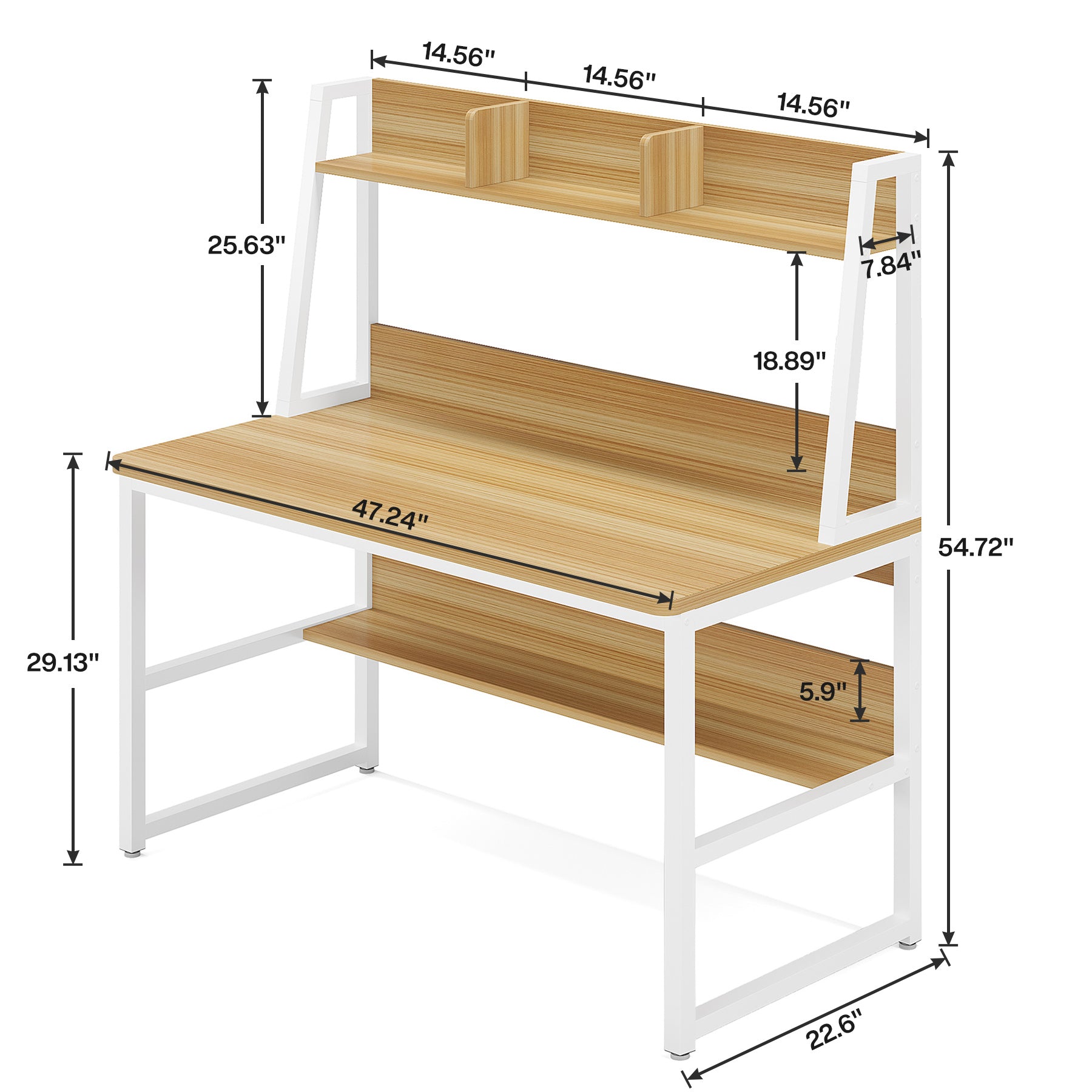 47" Computer Desk, Heavy Duty Writing Desk with Hutch & Bookshelf