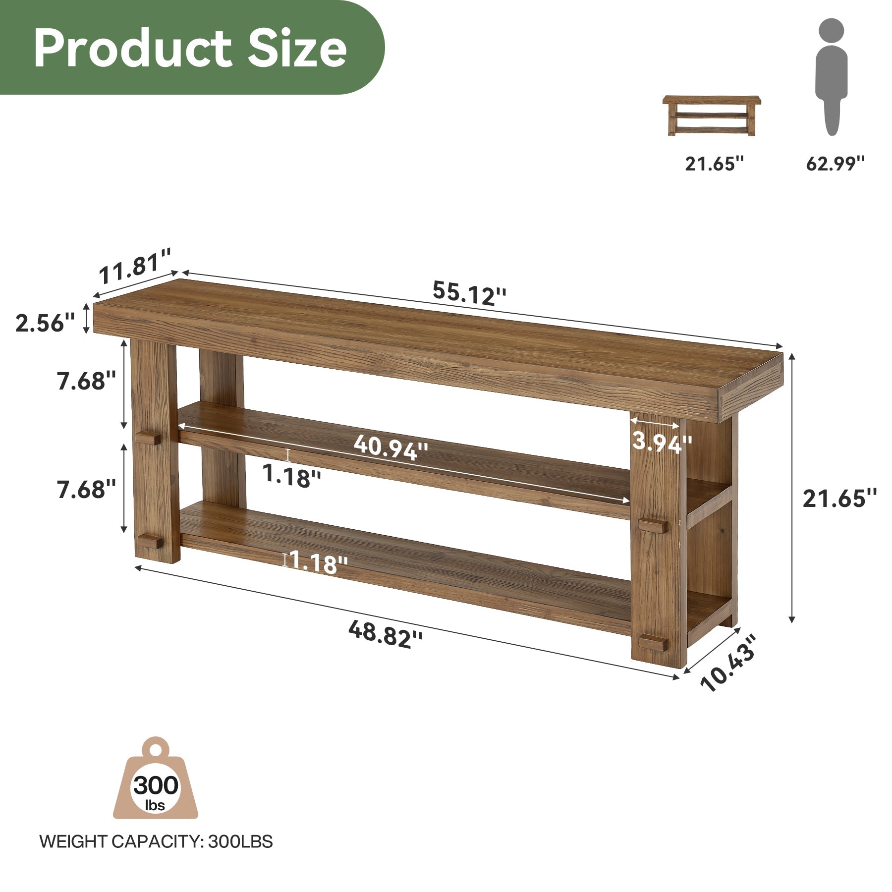 55" Solid Wood Entryway Bench, 2-Tier Shoe Storage Bench for Entryway