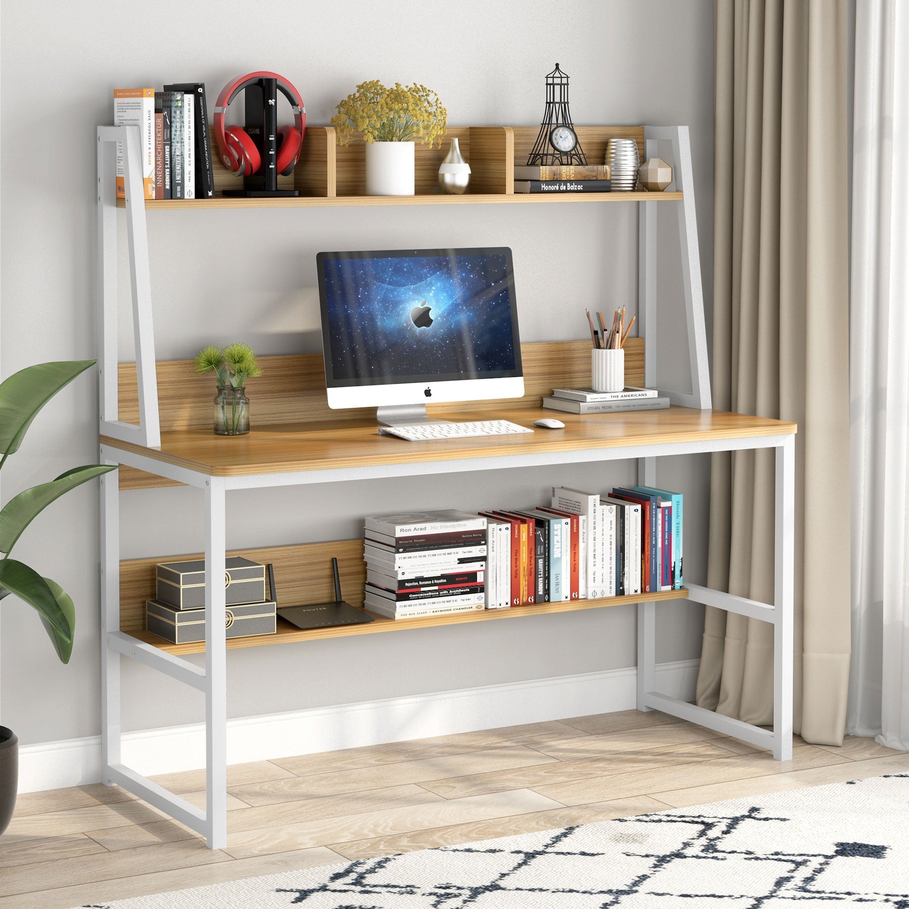 47" Computer Desk, Heavy Duty Writing Desk with Hutch & Bookshelf Tribesigns