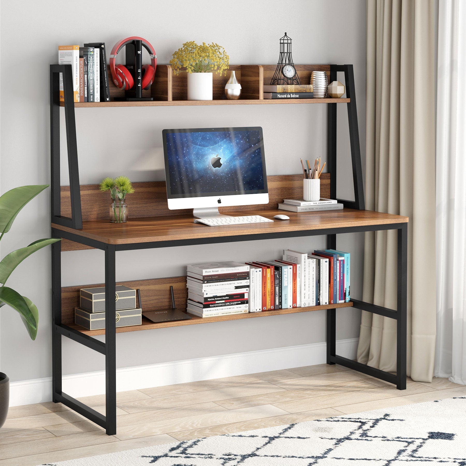 47" Computer Desk, Heavy Duty Writing Desk with Hutch & Bookshelf Tribesigns