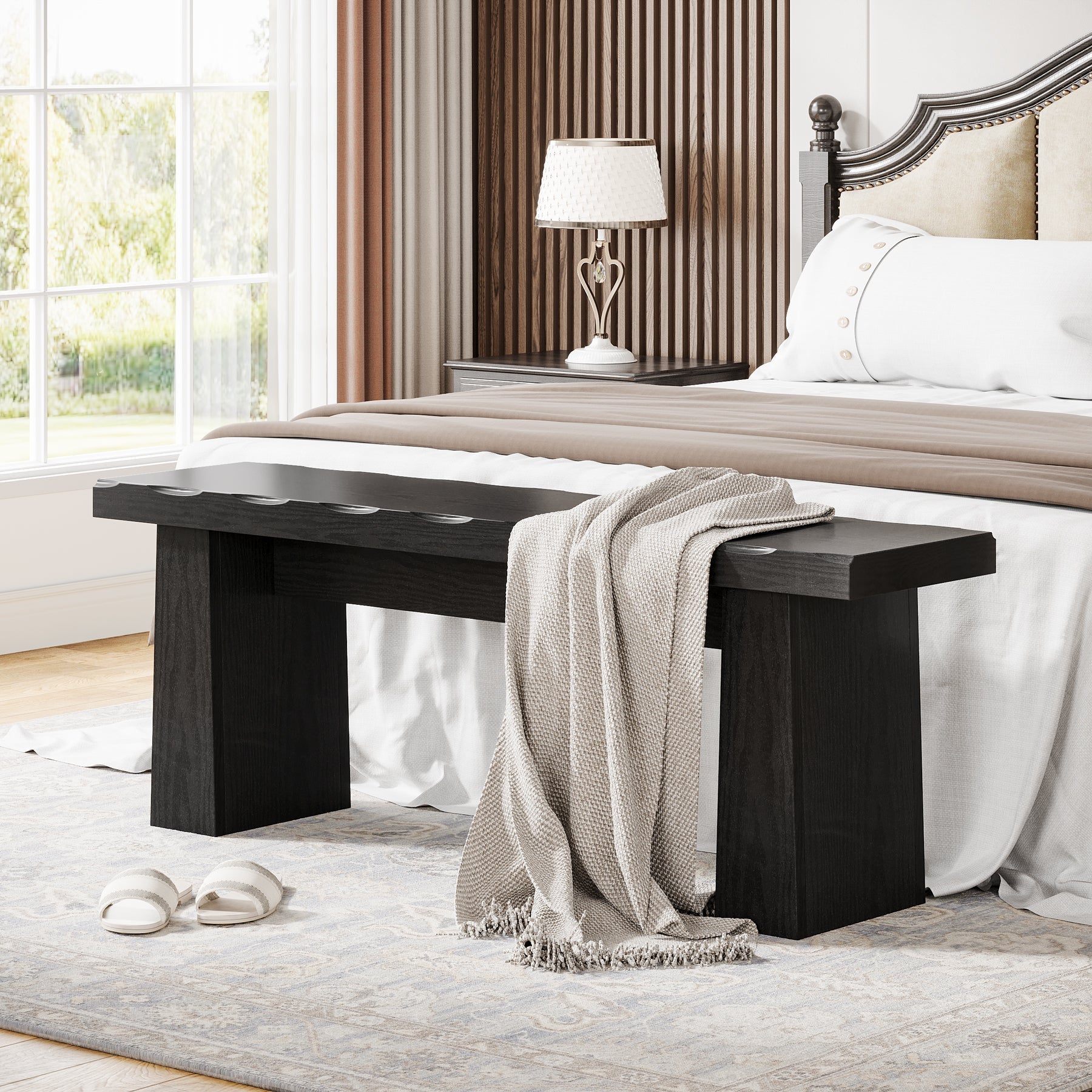 Tribesigns's Wooden Dining Table Bench End of Bed Bench in a minimalist bedroom, featuring a sleek design and matching the contemporary decor. 