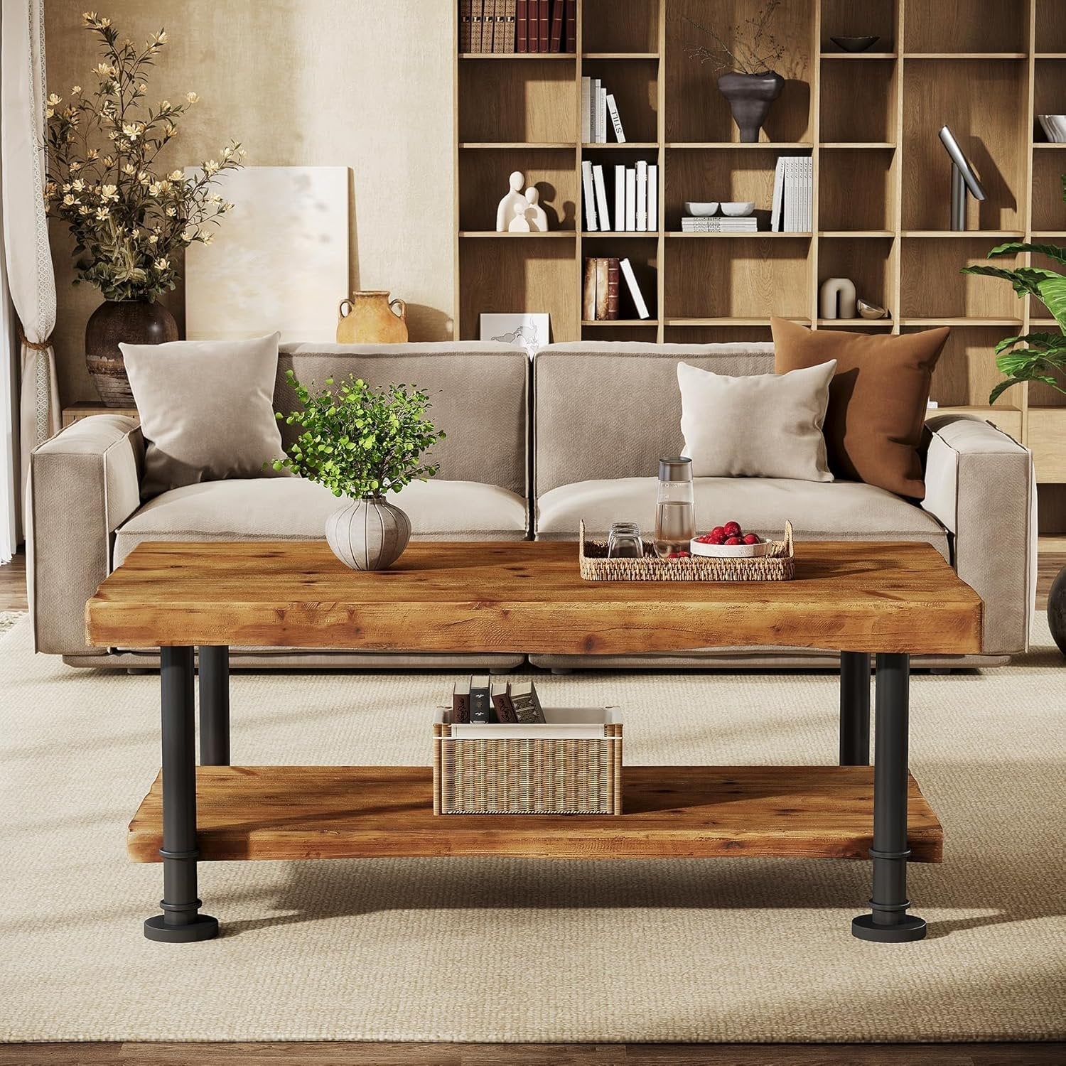 47" Coffee Table, Rectangular Wood Accent Center Table with 2-Tier Shelf