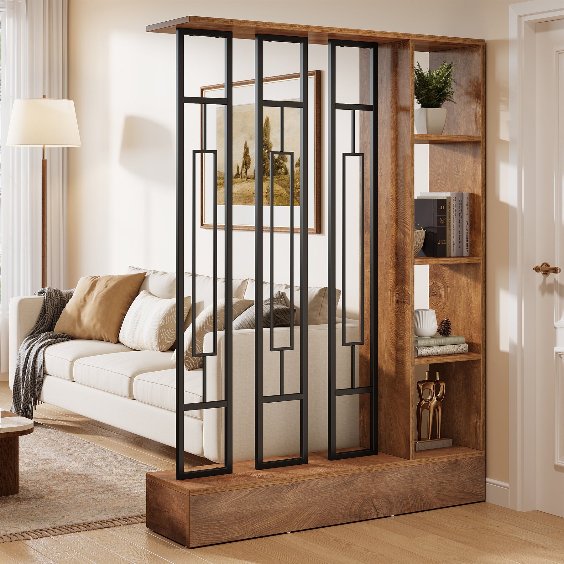 70.9" Wall Room Divider, Freestanding Wall Partition with Display Shelves