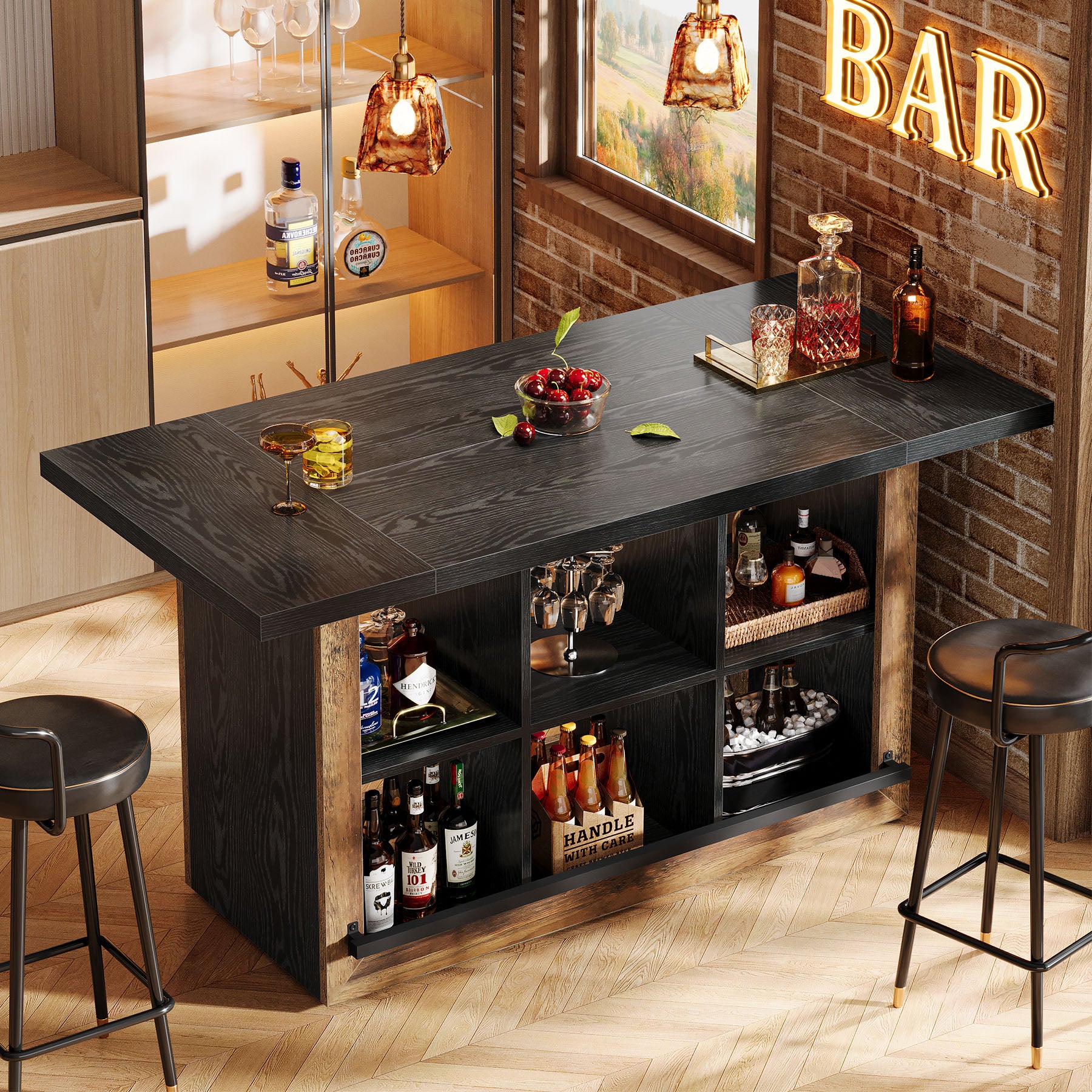 Rectangular Bar Table, 62.6" Home Bar Cabinet Unit with 6 Spacious Cubbies