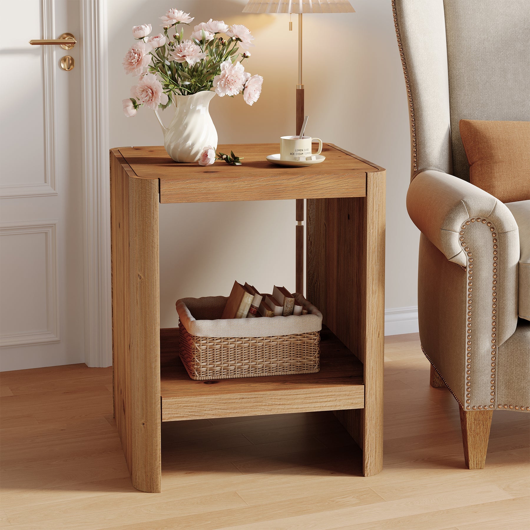 Solid Wood End Table, 2-Tier Side Table with Rounded Edges for Living Room