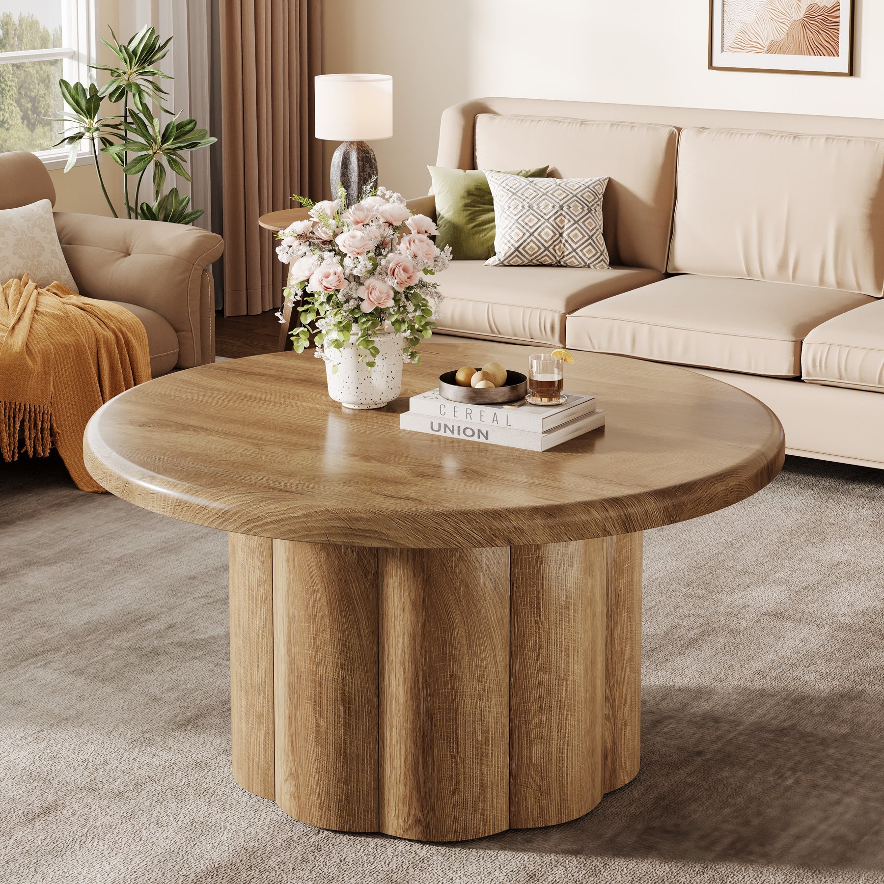 31.5" Round Coffee Table, Farmhouse Center Table with Fluted Drum Base