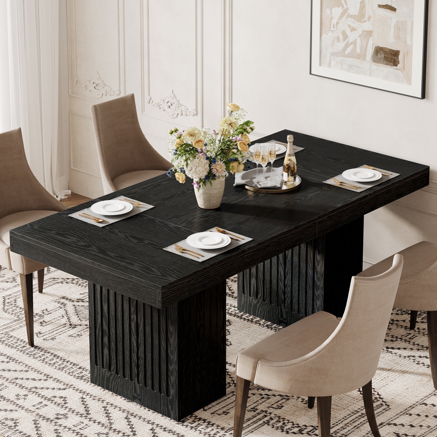 63" Dining Table for 4-6 People, Rectangular Kitchen Table with  Double Pedestal