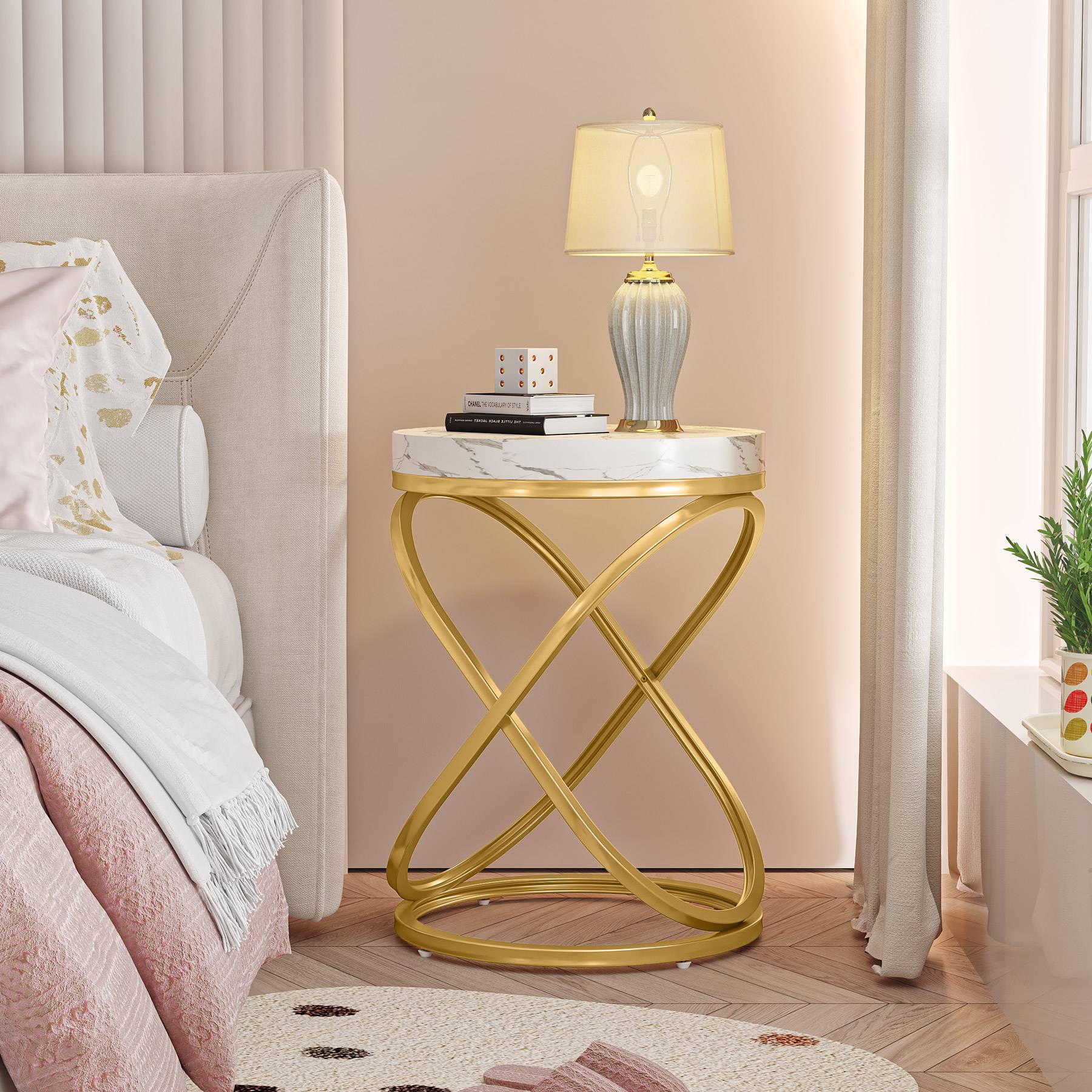 End Table, 26" Tall Round Sofa Side Table with Faux Marble Top Tribesigns