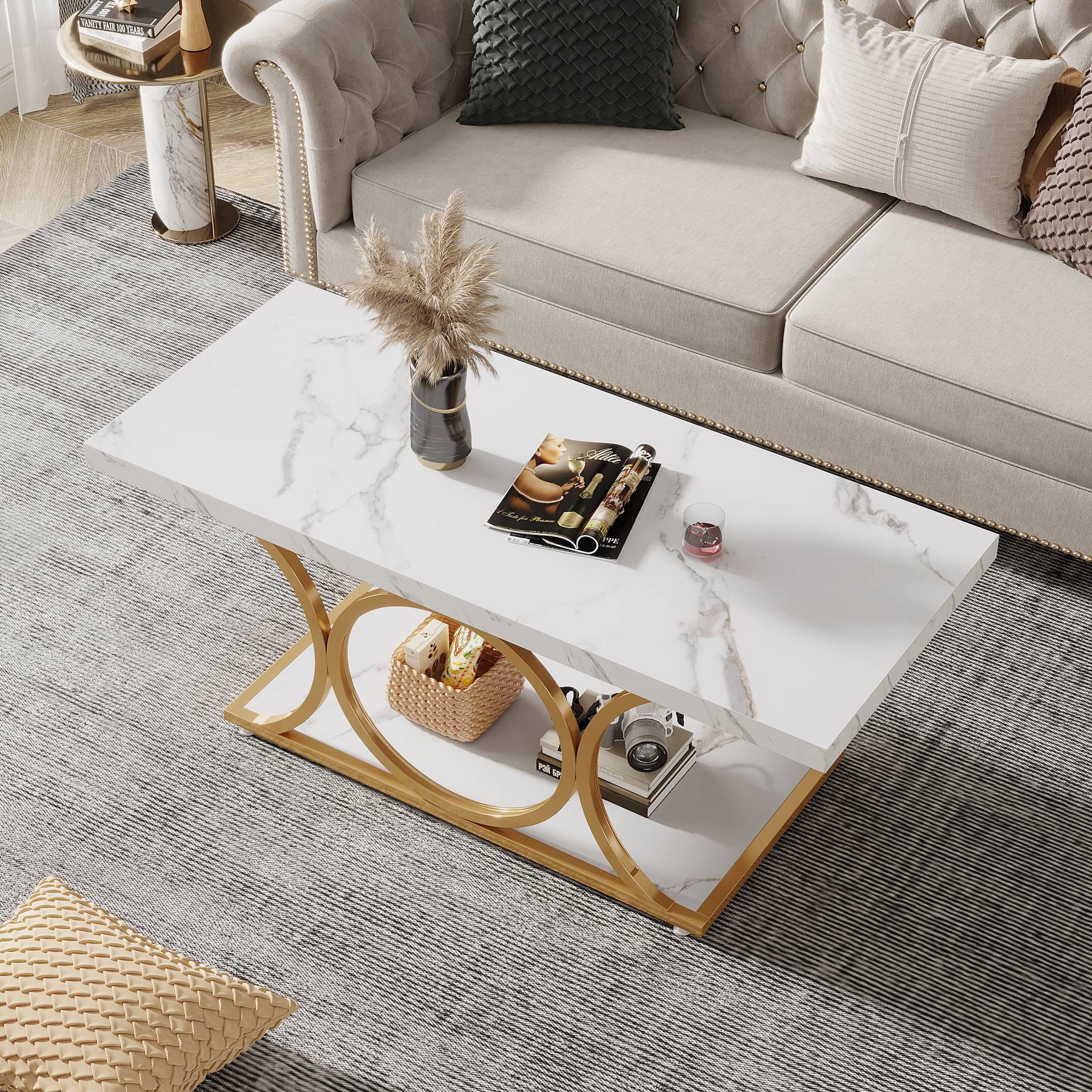 Rectangle Coffee Table, 47.24" Center Table with Faux Marble Top Tribesigns