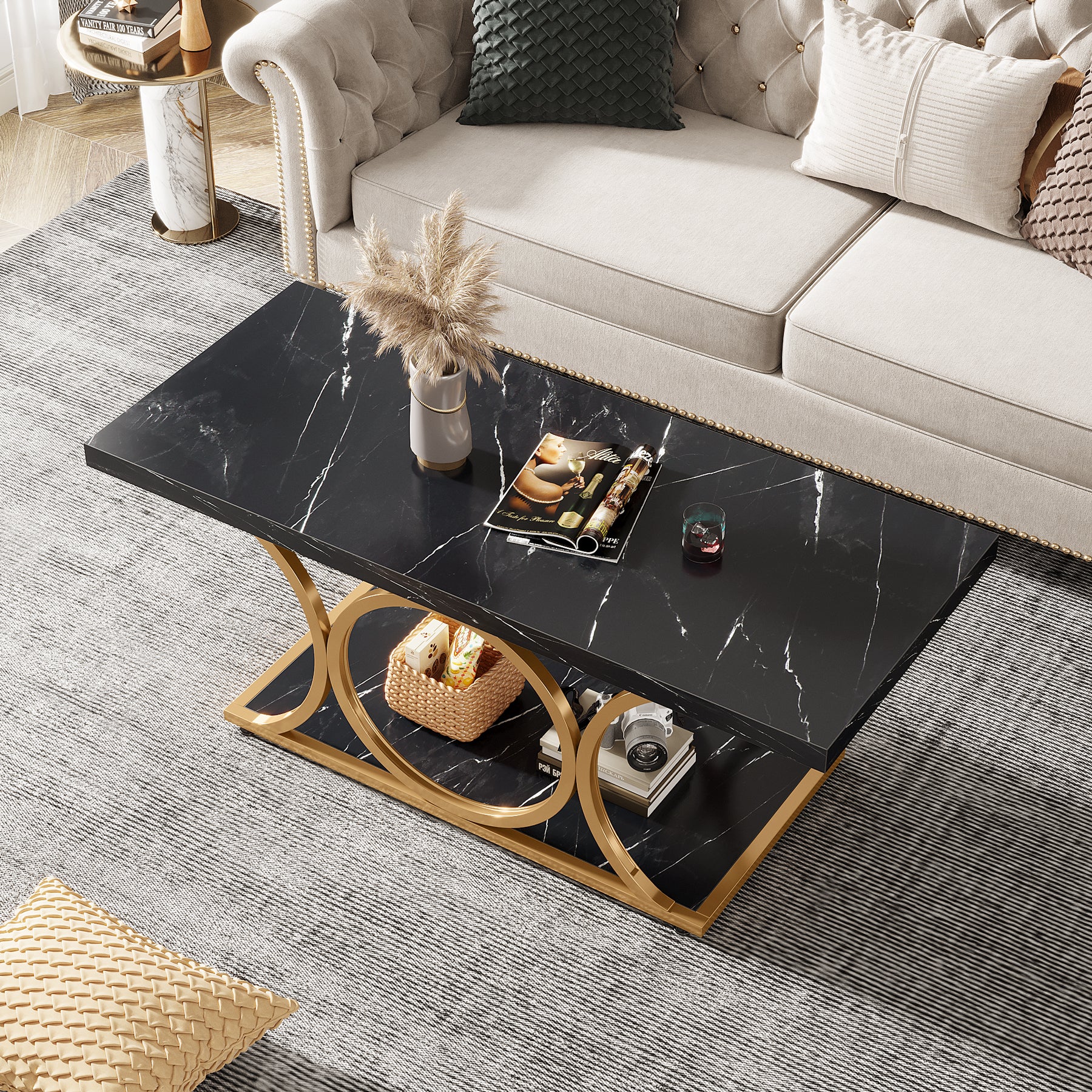 Rectangle Coffee Table, 46.45" Faux Marble Tea Table with Storage Shelf