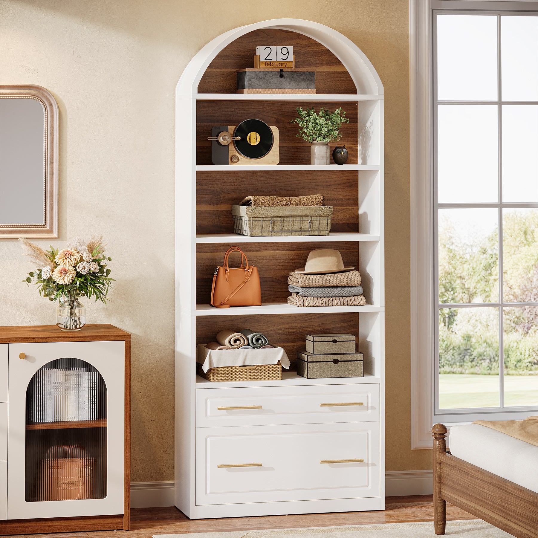 76.8" Arched Bookcase, 5-Tier Bookshelf with File Cabinet Drawer for Home Office