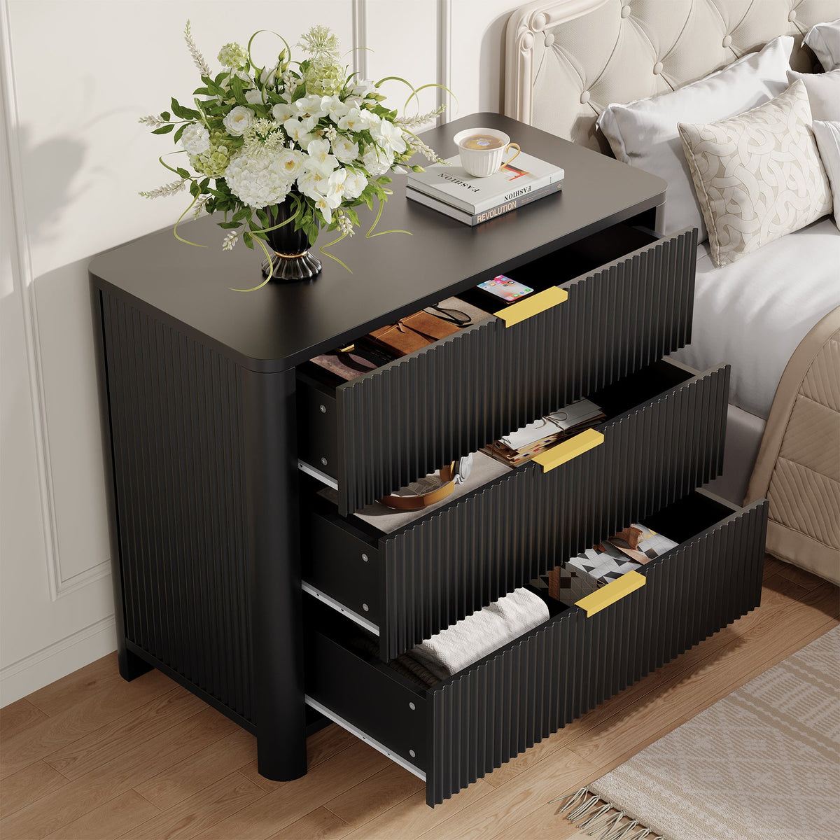 Oversized Nightstand, 31.5" Wide Bedside Table with 3 Drawers for Bedroom