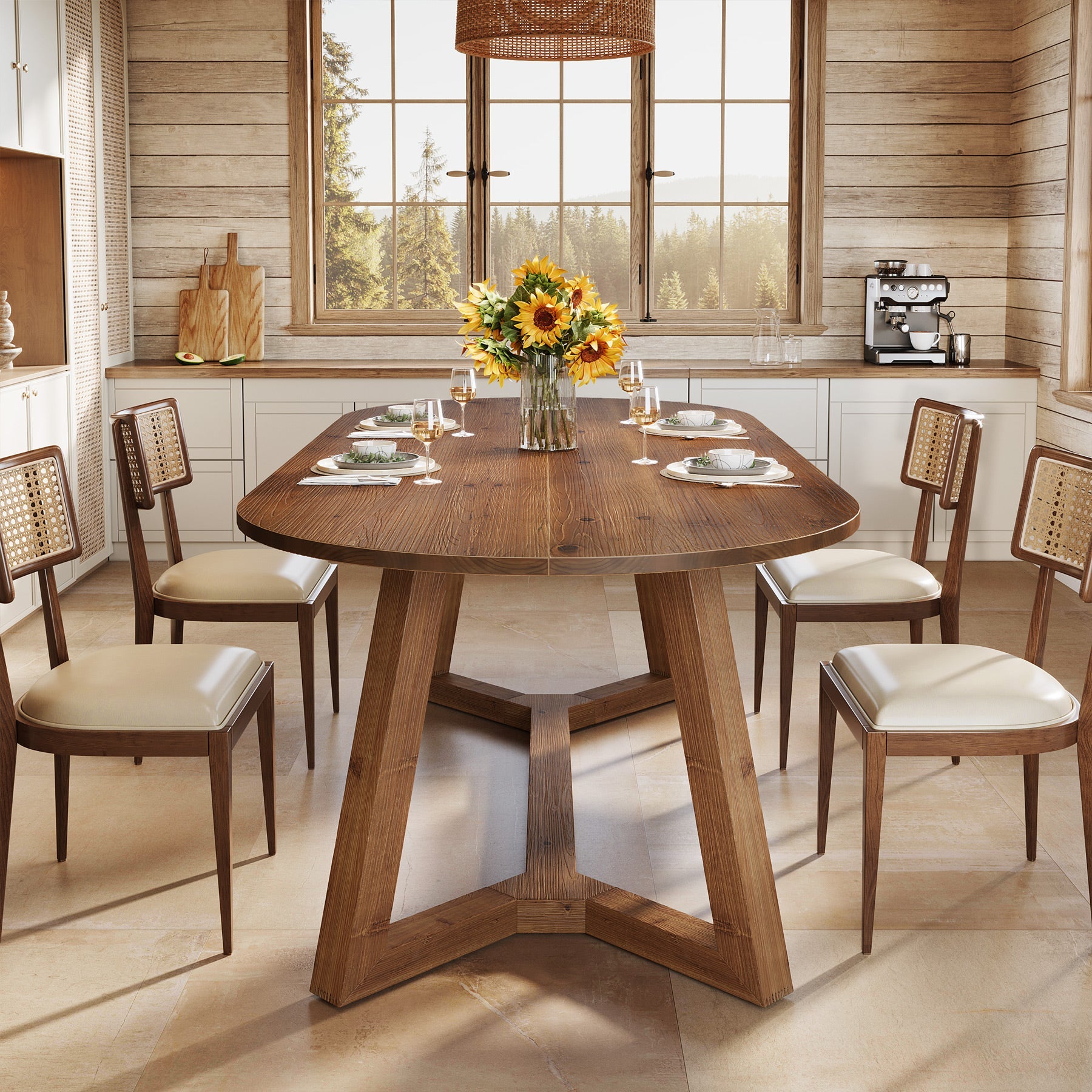 Solid Wood Oval Dining Table, 63" Kitchen Table with Sturdy Tapered Legs for 4-6