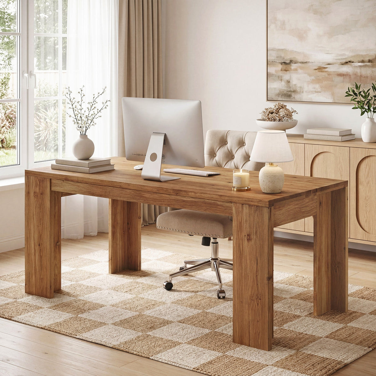 63" Solid Wood Executive Desk, Farmhouse Computer Desk with Large Tabletop for Home Office