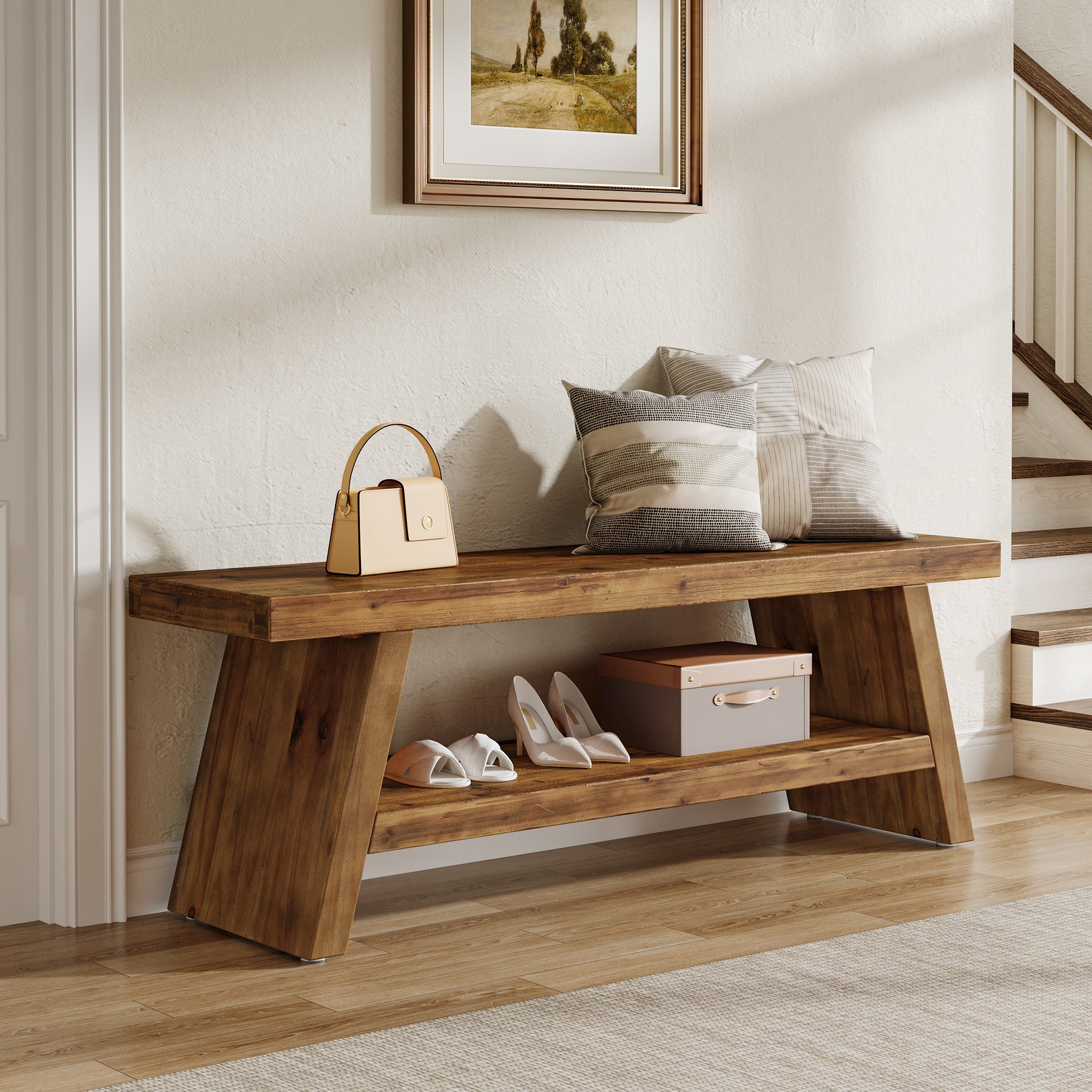 Solid Wood Shoe Bench, 2-Tier Entryway Bench with Open Shelves