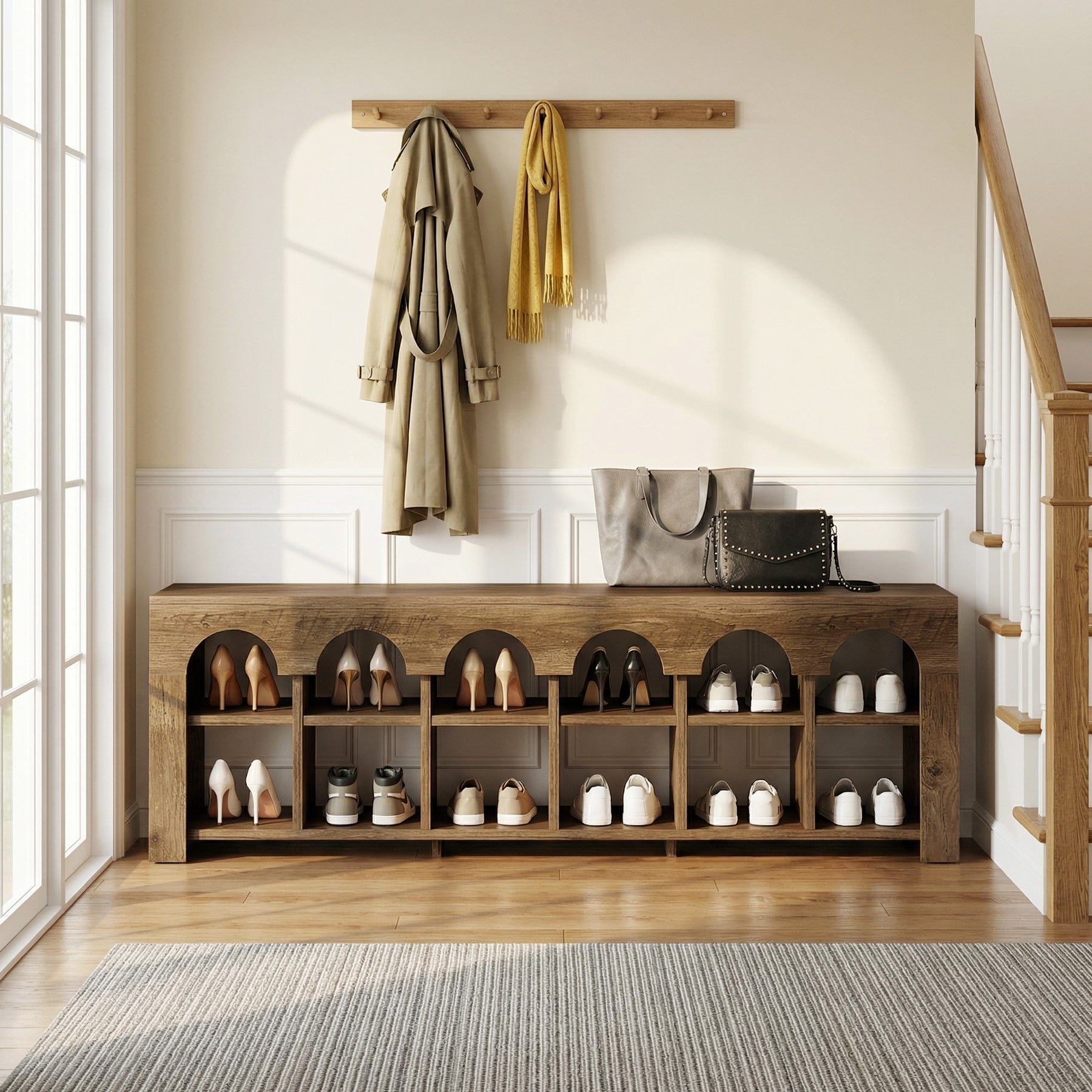 63" Entryway Bench with Shoe Storage, Farmhouse Bench with 12 Cubbies