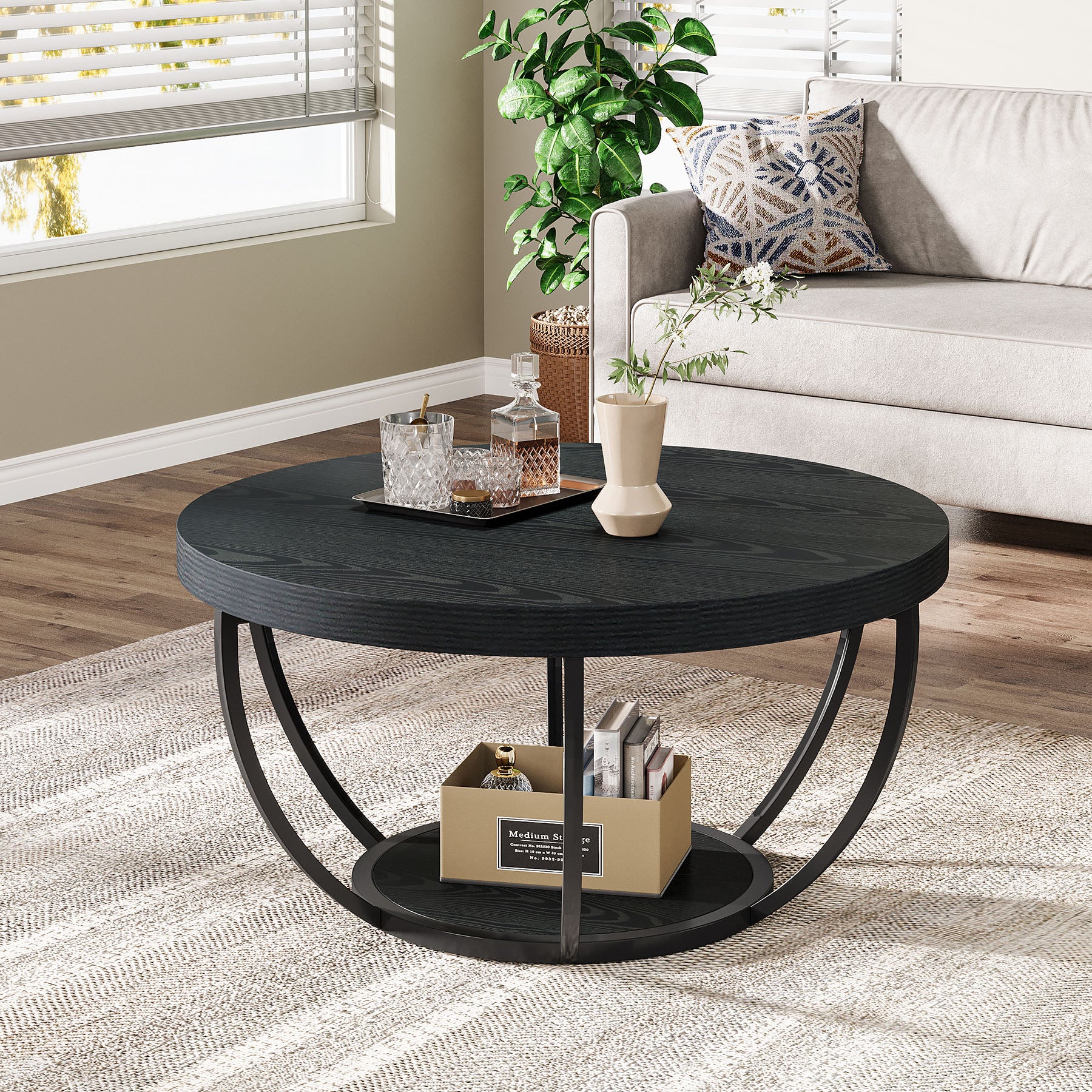 Round Coffee Table, 2-Tier Central Cocktail Table with Shelves