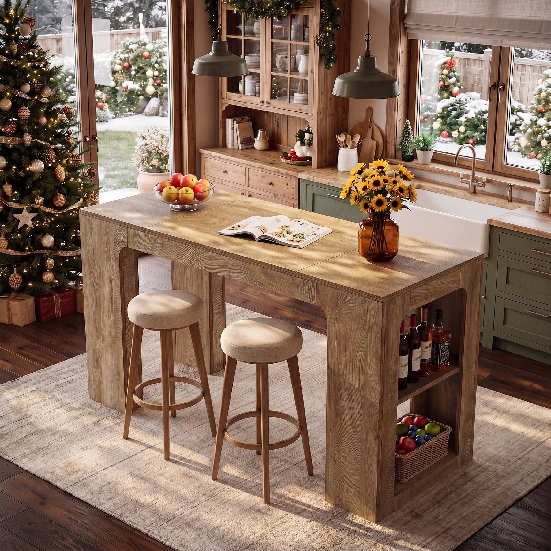63" Long Kitchen Island, Counter Height Stationary Island Stand with Spacious Legroom