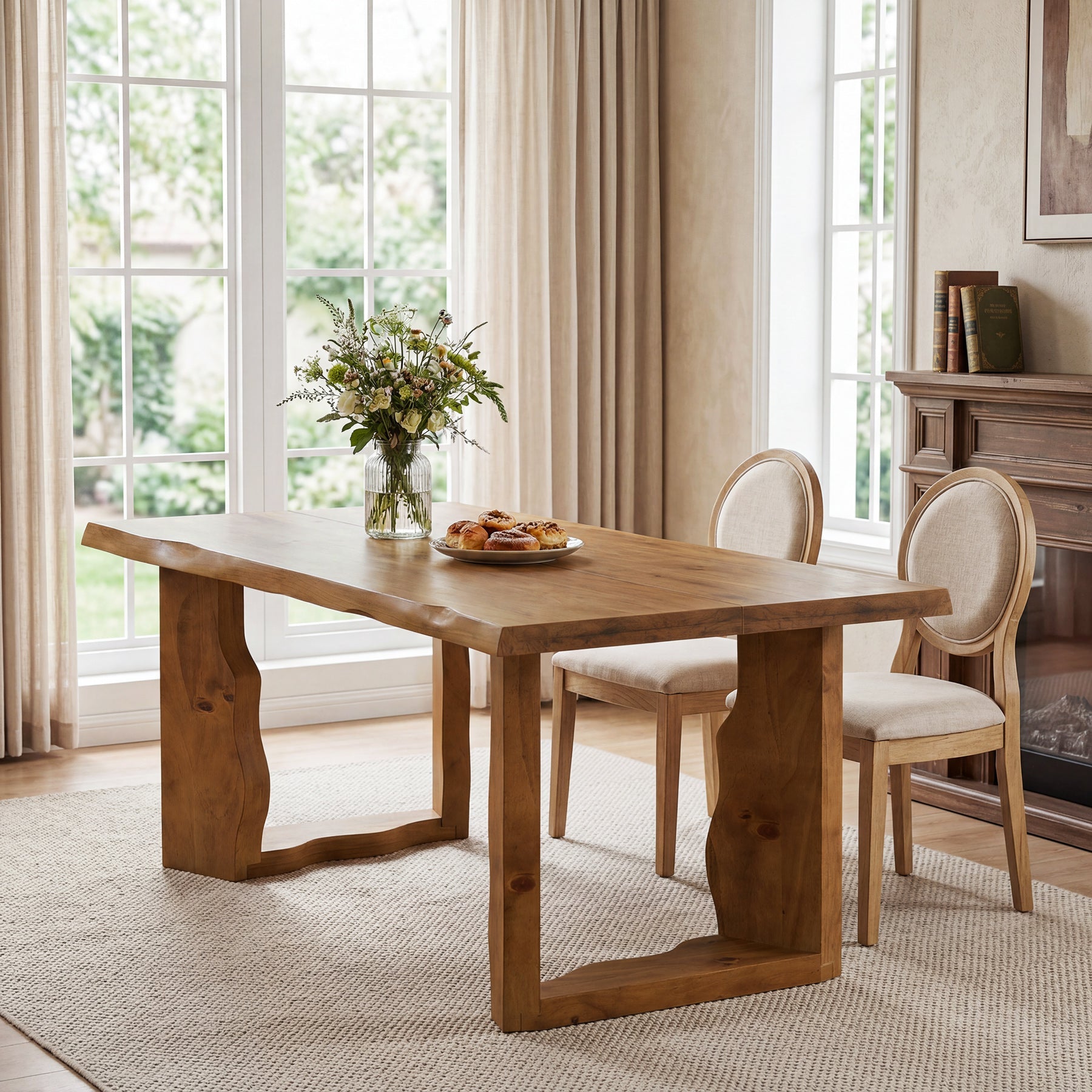 63" Solid Wood Dining Table for 6, Rectangular Kitchen Table with Sculptural Legs