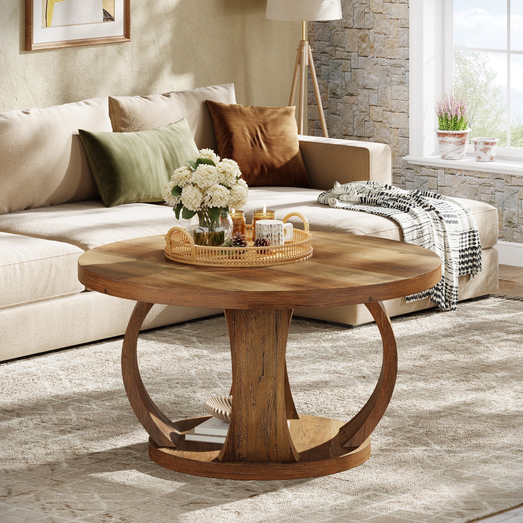 31.5" Round Coffee Table, 2-Tier Center Table with Storage for Living Room