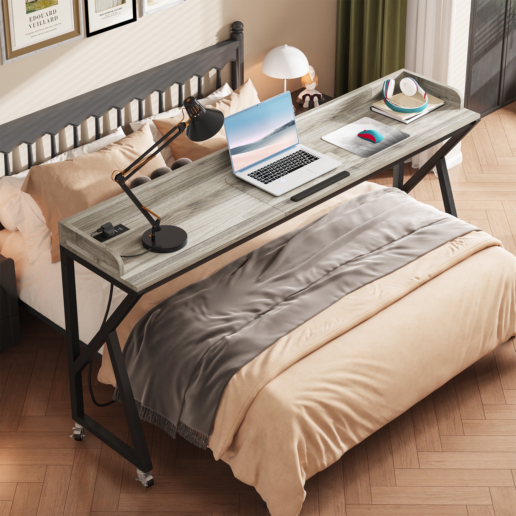 Mobile Overbed Table, 70.9" Over Bed Desk with Adjustable Tilt Board