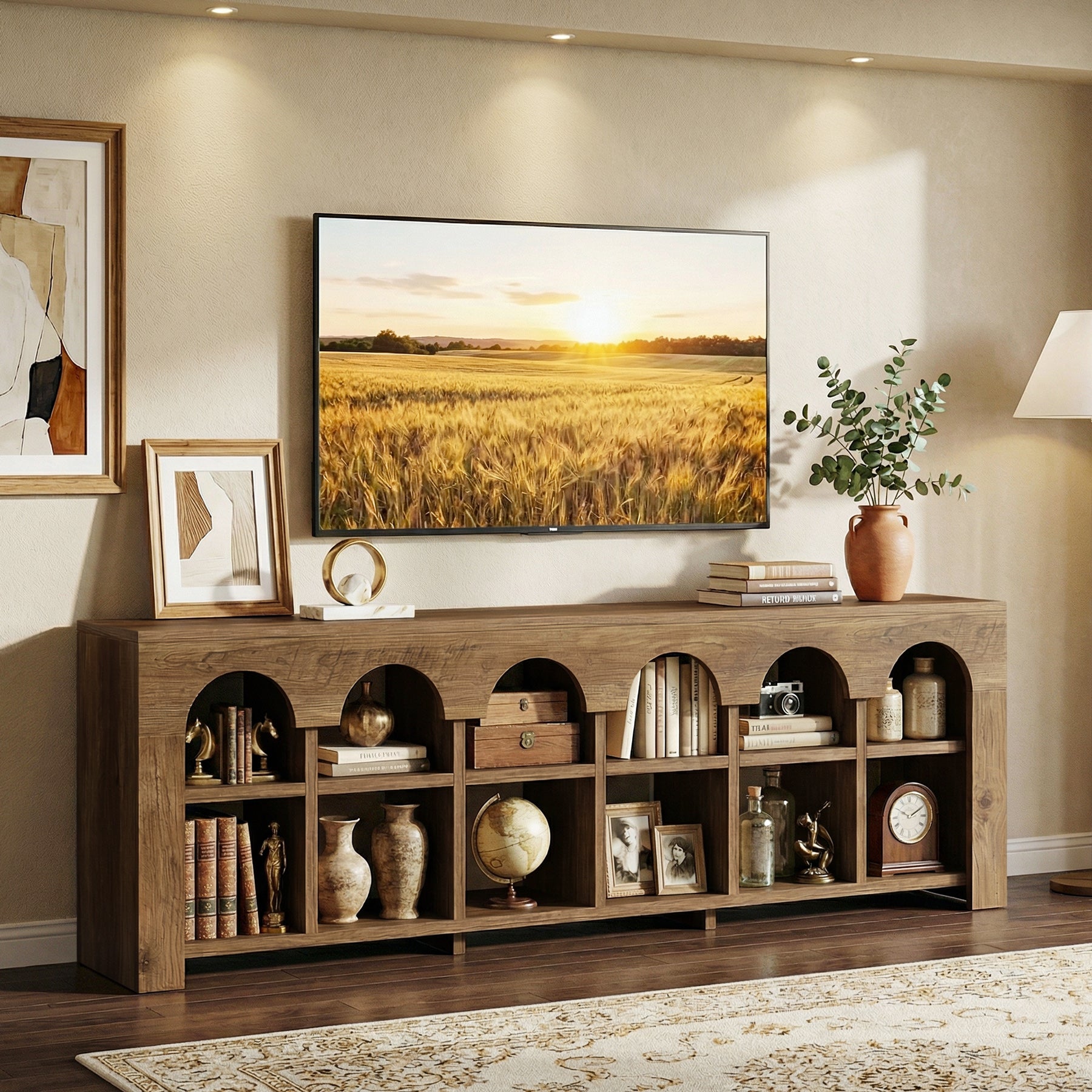 63” TV Stand for 50-75" TVs, Farmhouse Entertainment Center with 2-Tier Arched Cubbies