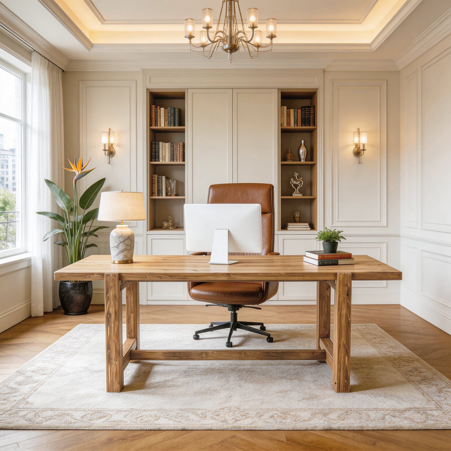63" Solid Wood Computer Desk, Farmhouse Executive Desk for Home Office
