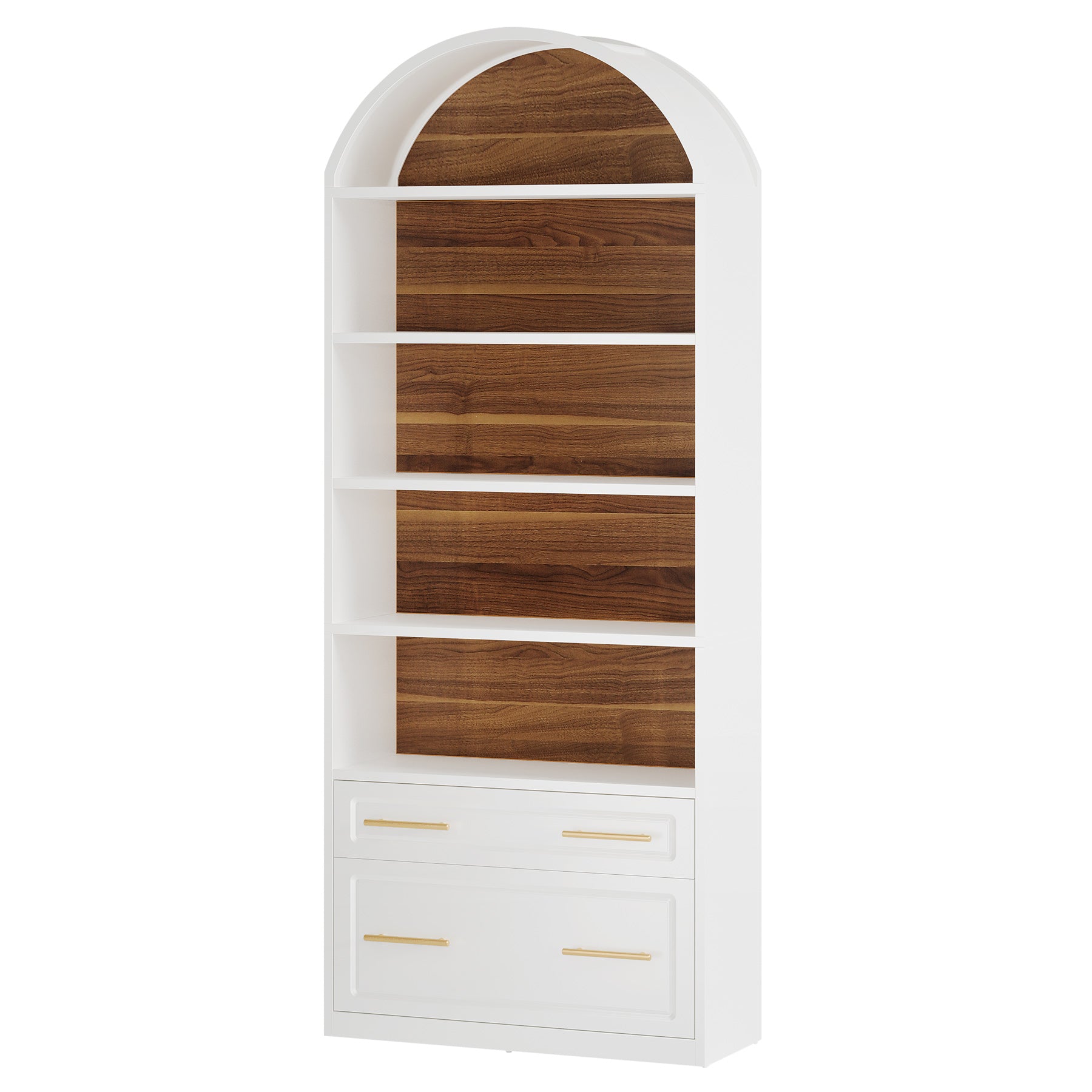 76.8" Arched Bookcase, 5-Tier Bookshelf with File Cabinet Drawer for Home Office