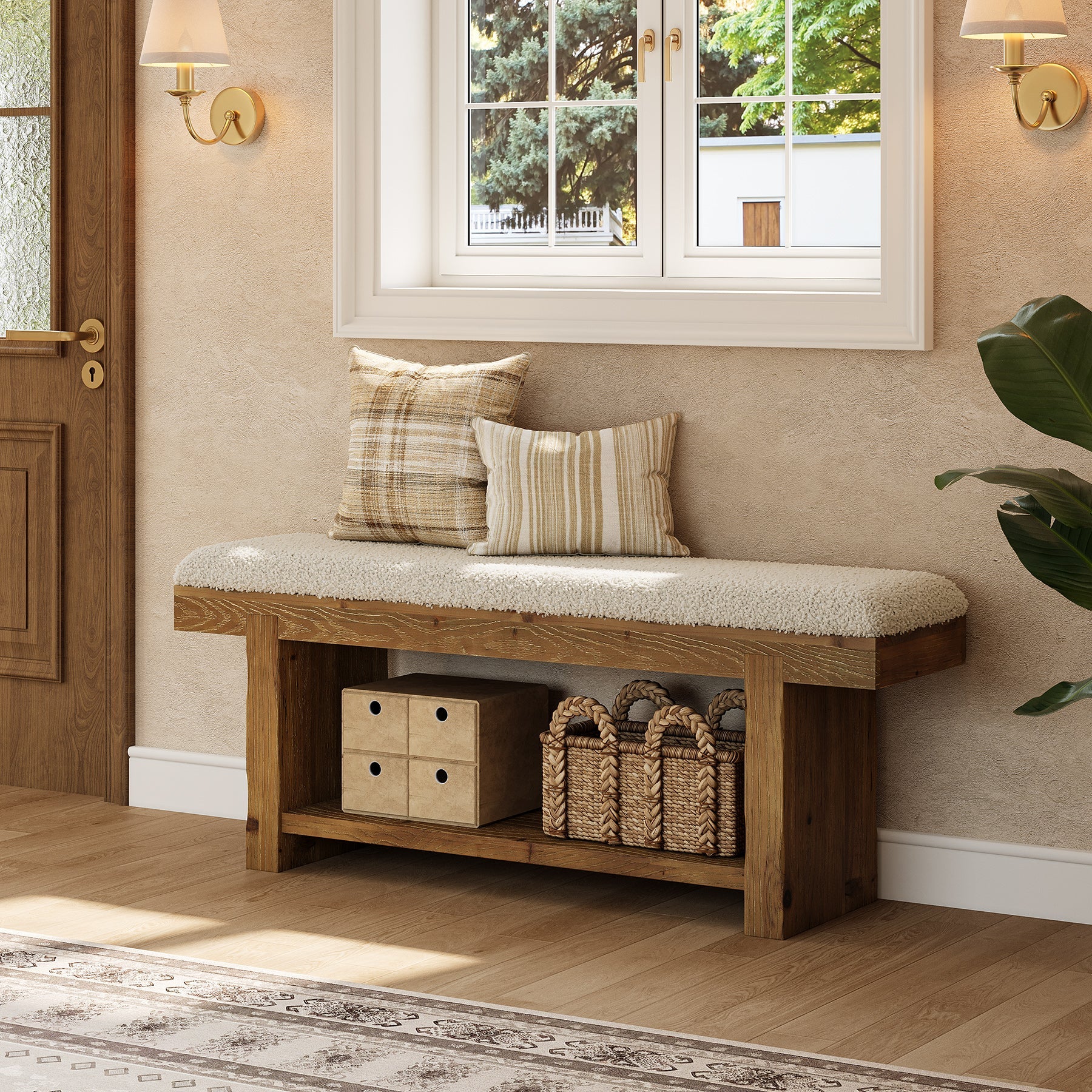 47.2" Solid Wood Entryway Bench, Upholstered Storage for Hallway