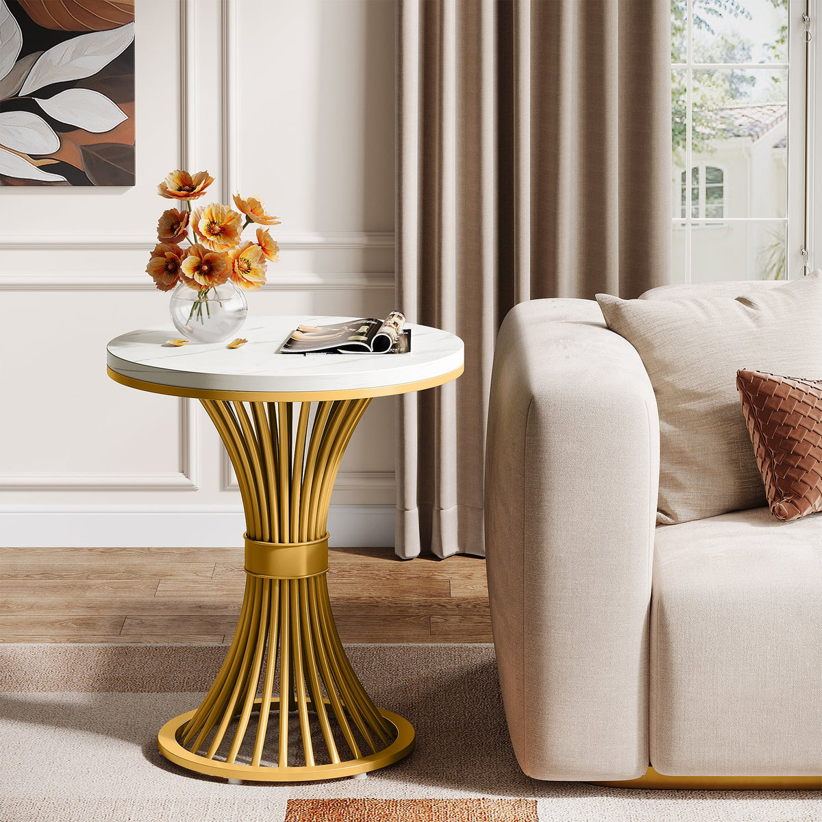 19.69" Round End Table, Faux Marble Side Table with Gold Metal Base