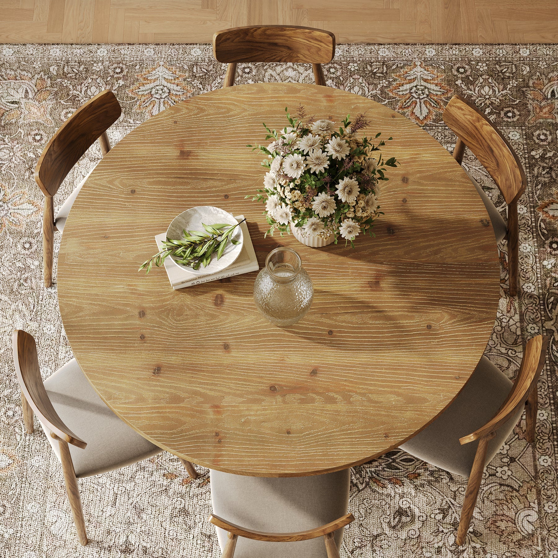 Solid Wood Round Dining Table for 4-6, 47" Farmhouse Kitchen Table for Dining Room