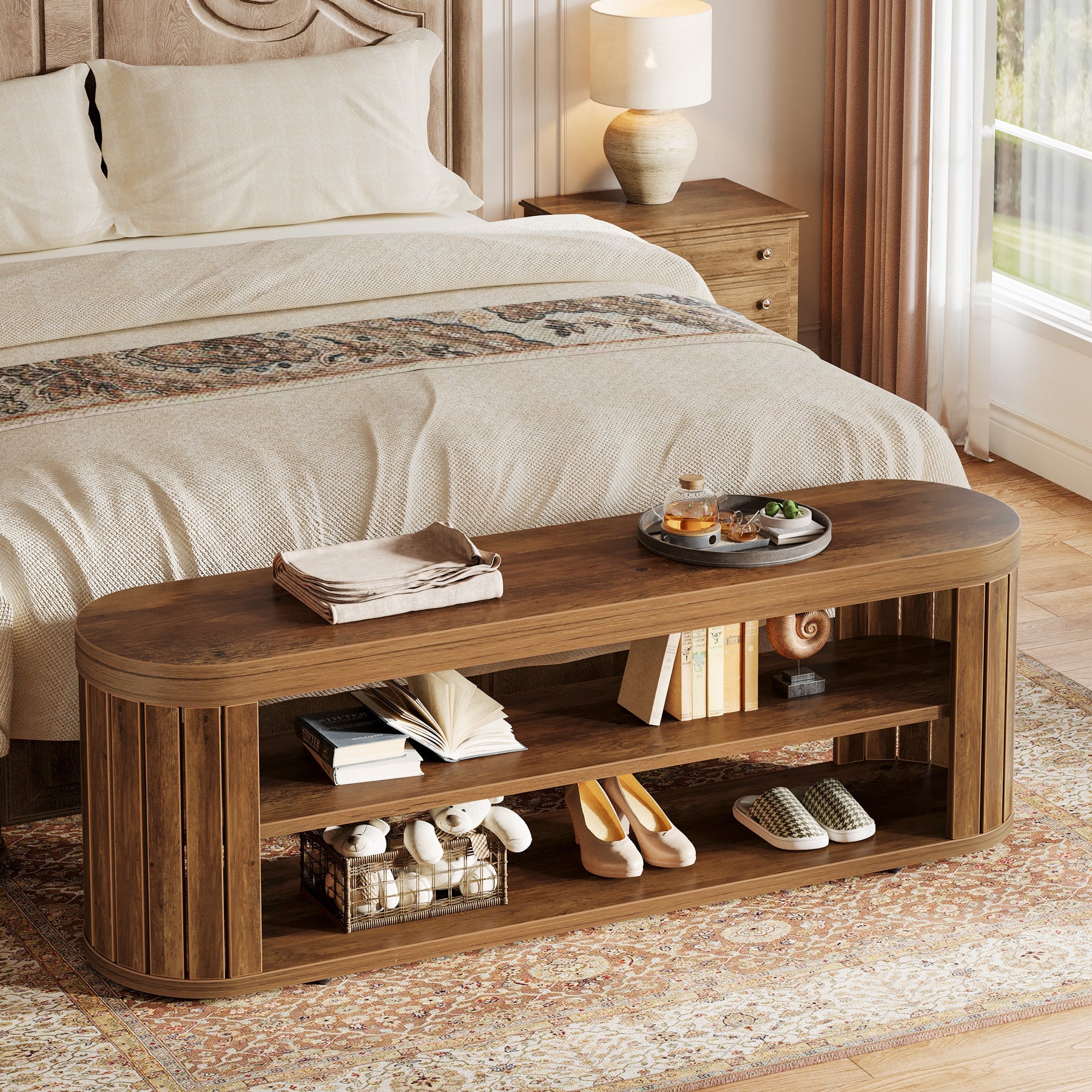 47.2" Entryway Bench, 2-Tier Shoe Bench End of Bed Stool with Storage