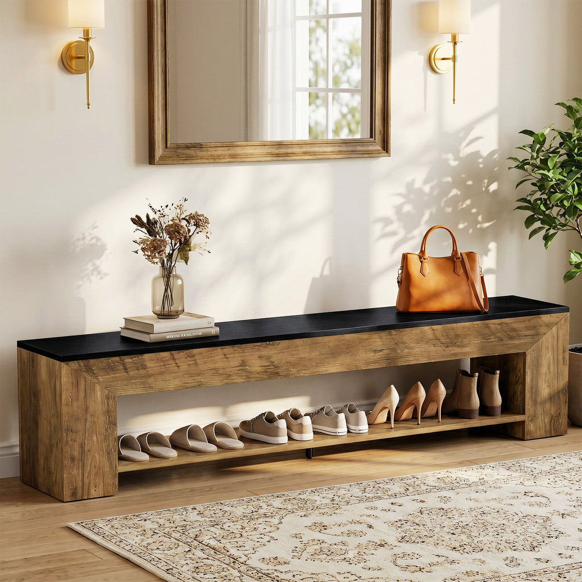 71" Entryway Bench with Shoe Storage, Farmhouse Shoe Bench with 2 Shelves