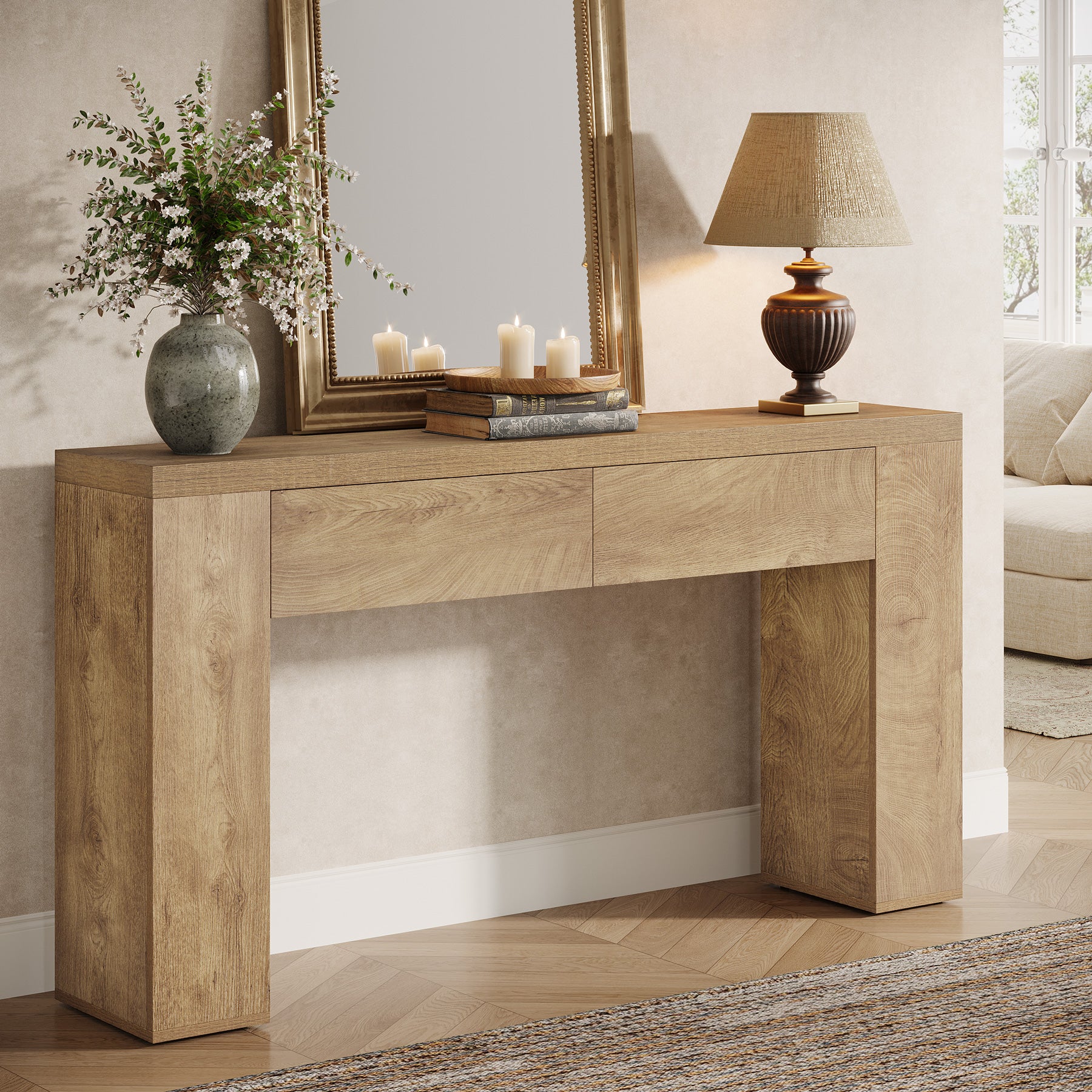63" Console Table, Rustic Sofa Hallway Table with Drawers