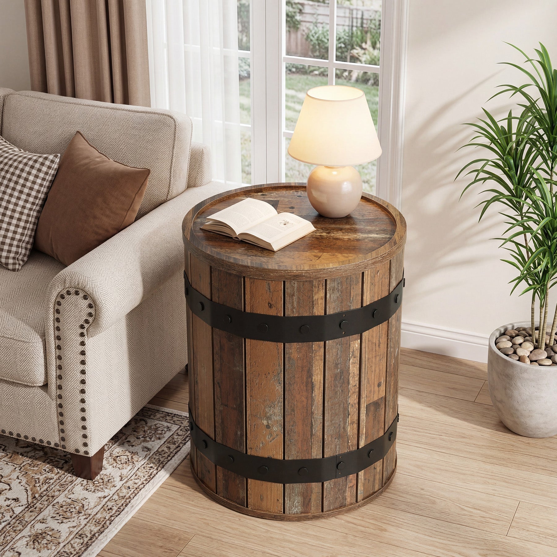 19.68" Barrel End Table with Hidden Storage, Round Side Table with Lid for Living Room