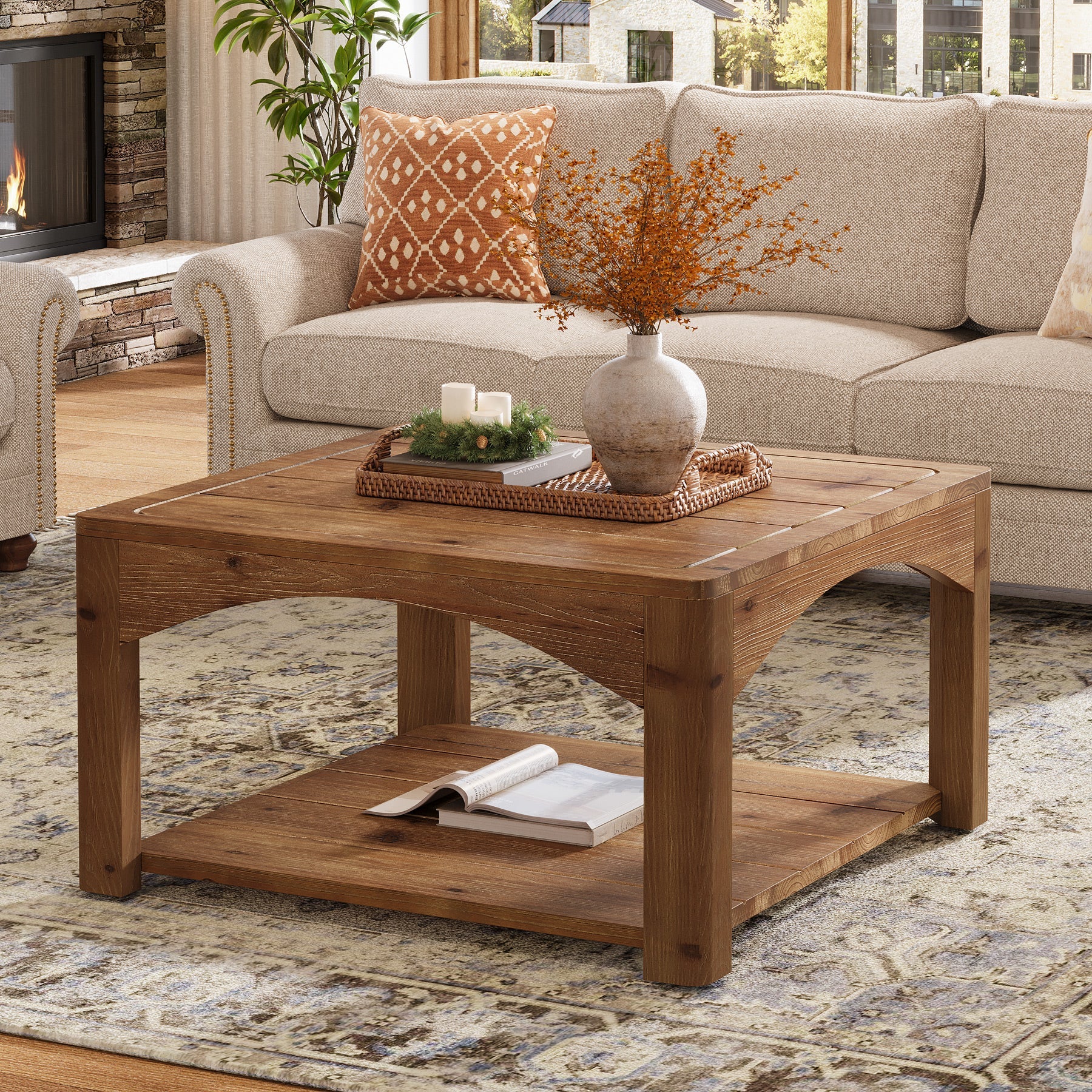 31.5" Square Coffee Table, Solid Wood 2-Tier Center Table for Living Room
