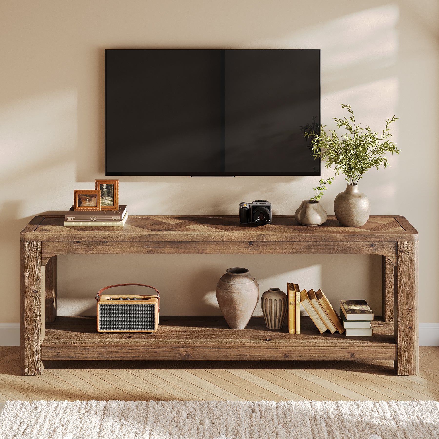 63" Solid Wood TV Stand, Entertainment Center with Open Shelves for 65" TV