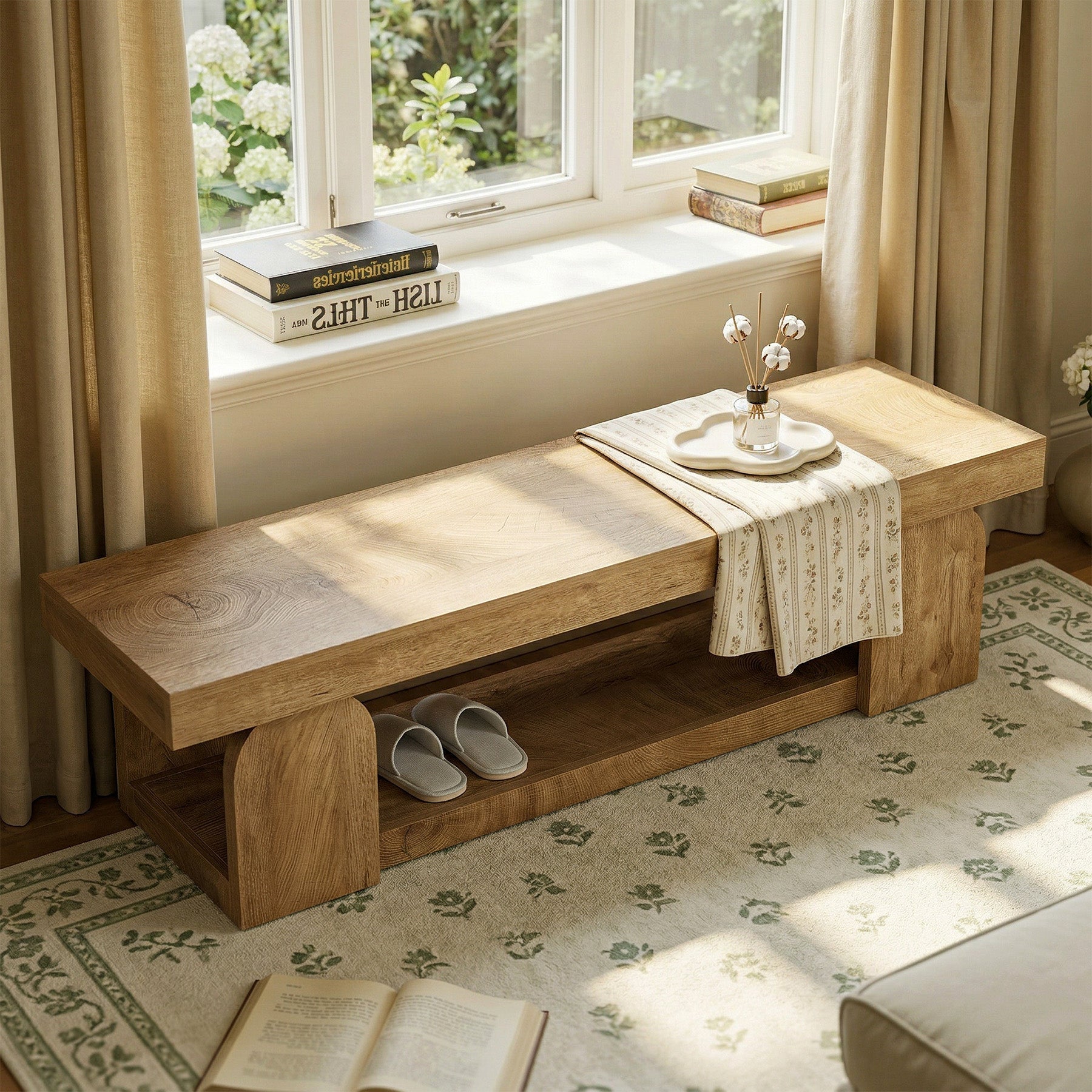 63" Entryway Bench, Farmhouse Shoe Bench with Storage Shelf for Bedroom, Hallway