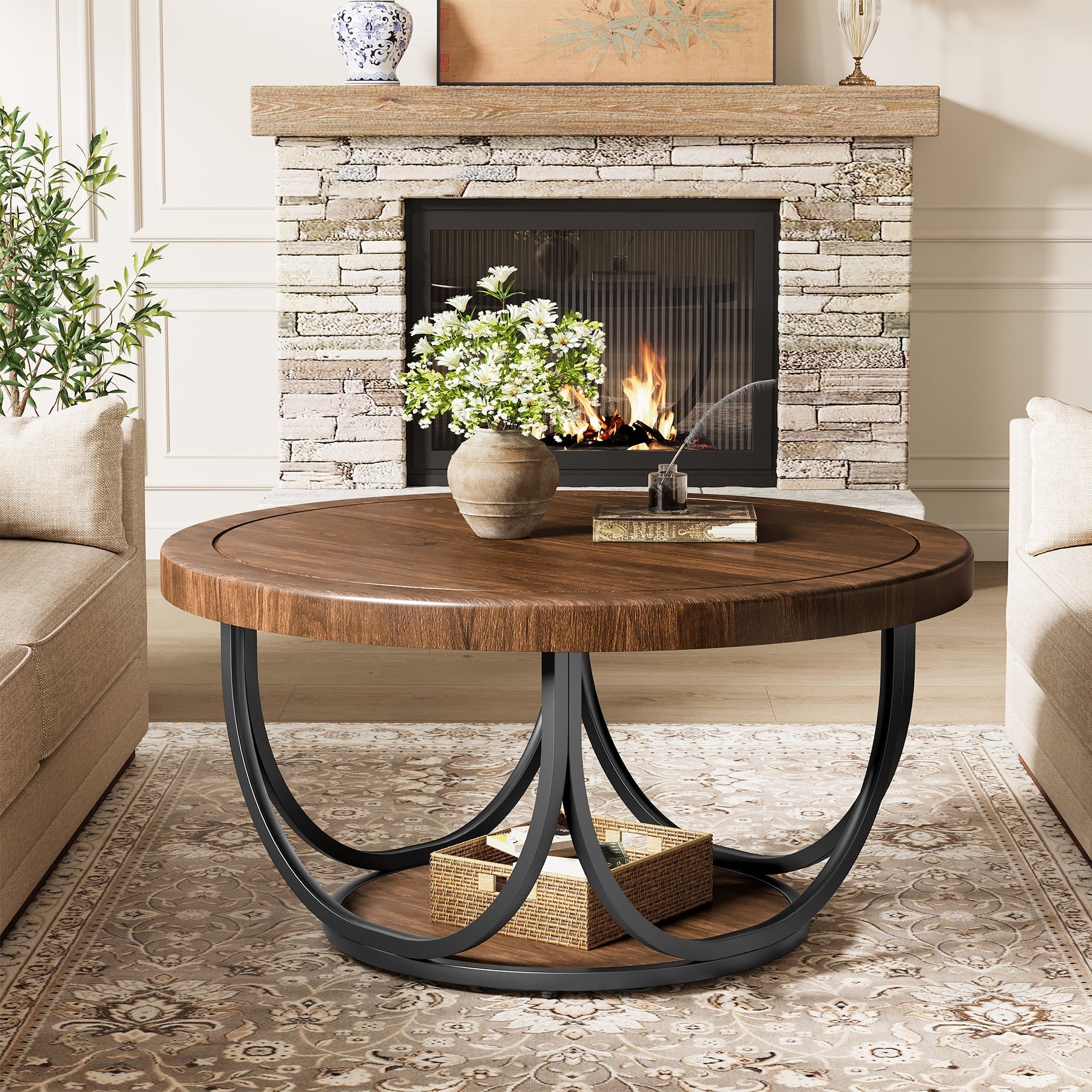 Round Coffee Table, 31.5" Circle Accent Cocktail Table with Storage Shelf