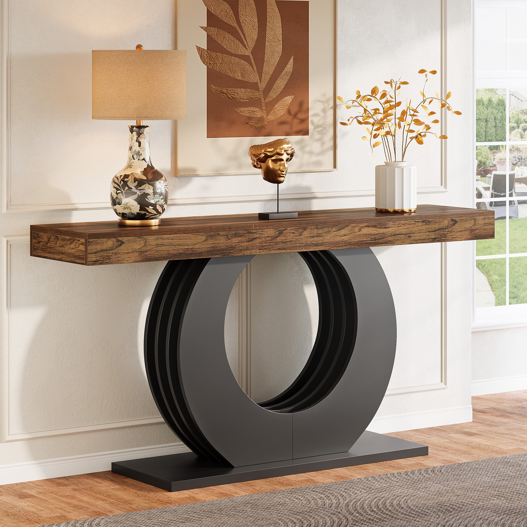 63" Console Table, Narrow Sofa Table with Circle Metal Base