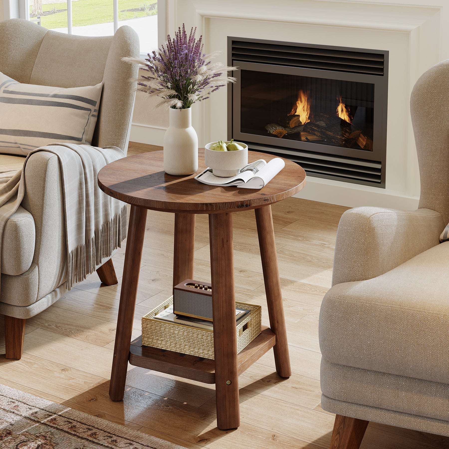 19.69" Round Solid Wood End Table, 2-Tier Farmhouse Side Table with Storage Shelf