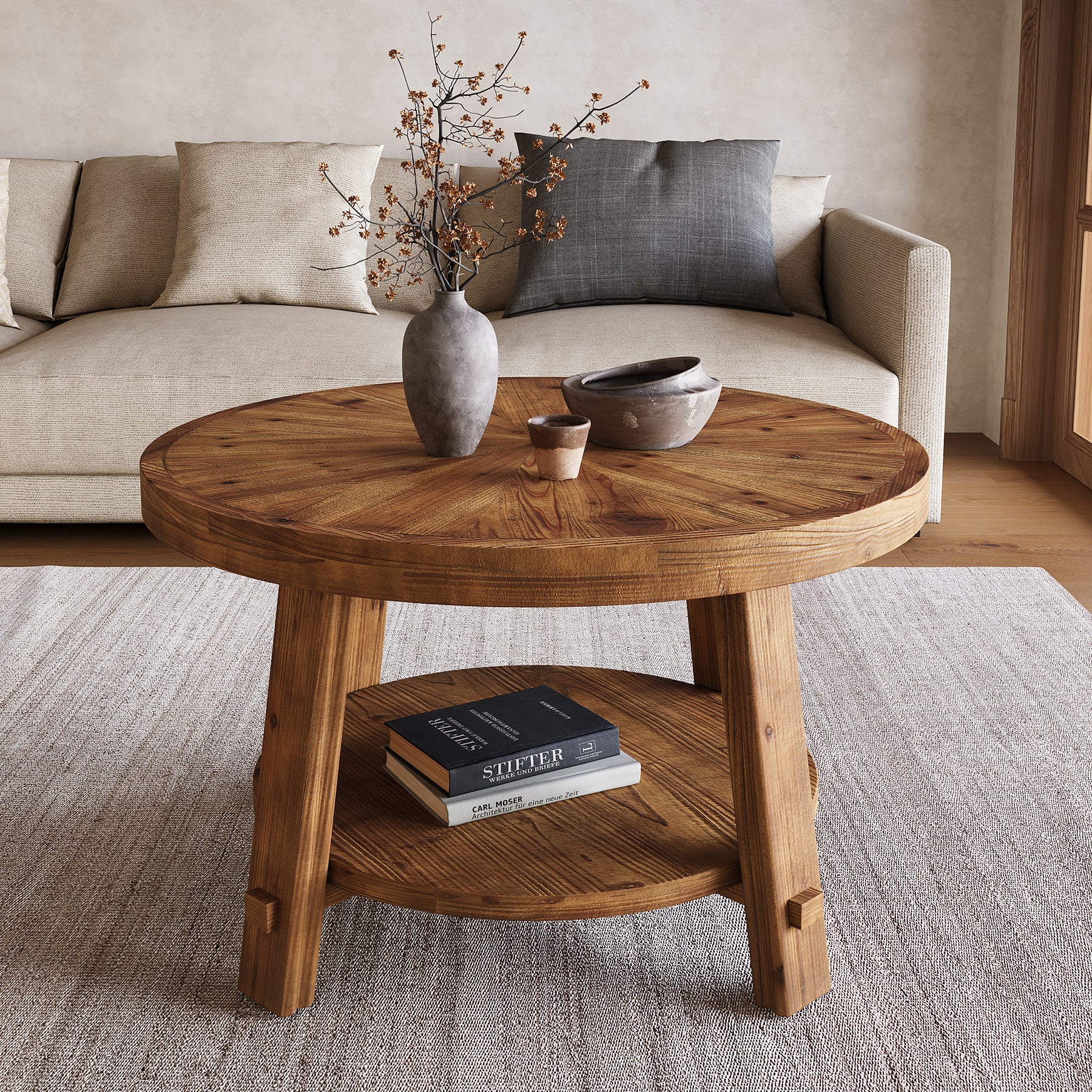 Solid Wood Coffee Table with Storage, 2-Tier Round Tea Table for Living Room