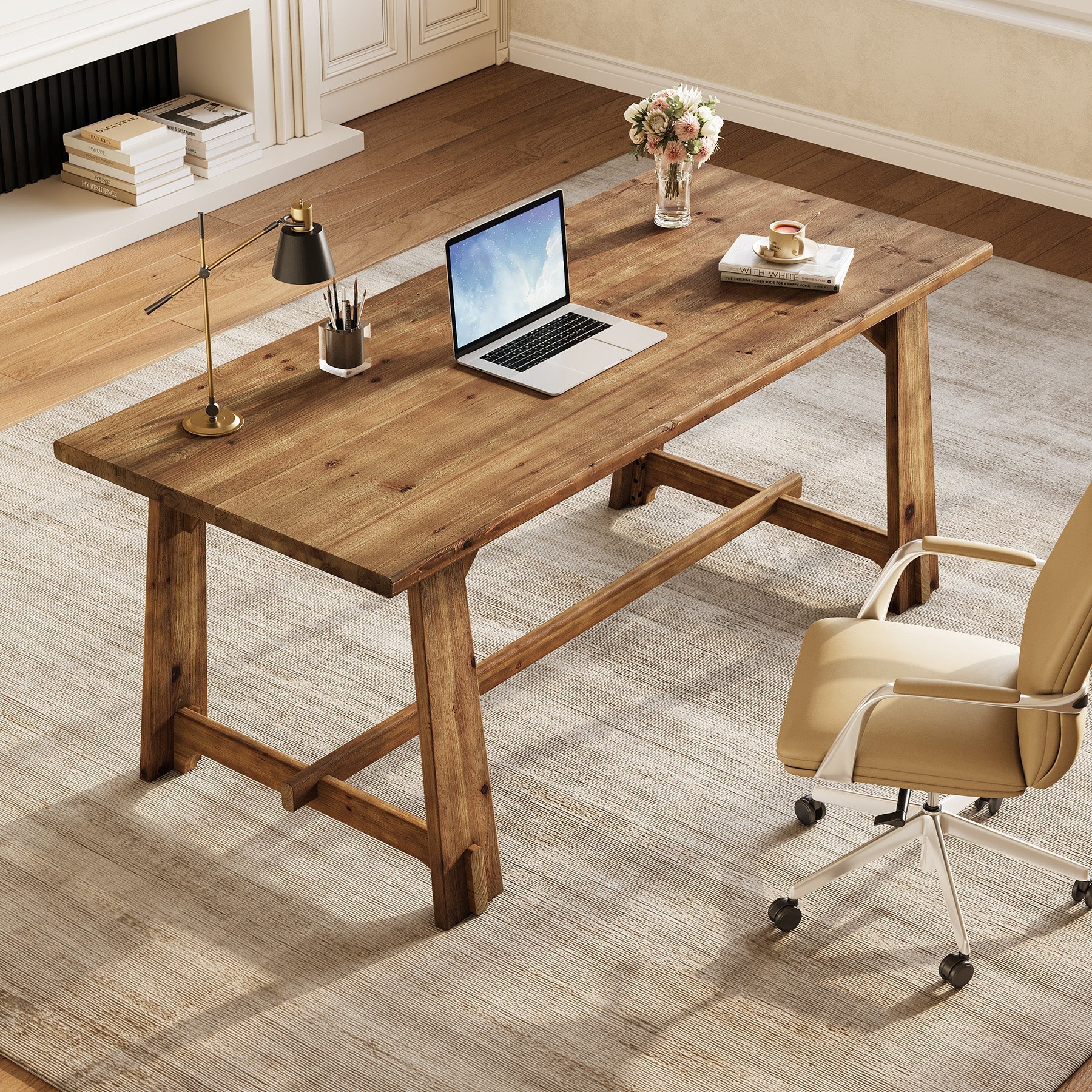 63" Solid Wood Office Desk, Farmhouse Executive Computer Desk with Large Work Surface