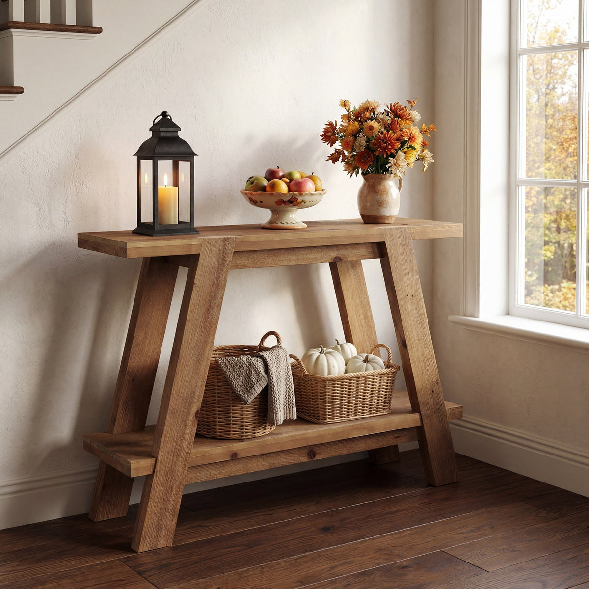 43" Solid Wood Console Table, 2-Tier Narrow Sofa Entryway Table for Living Room