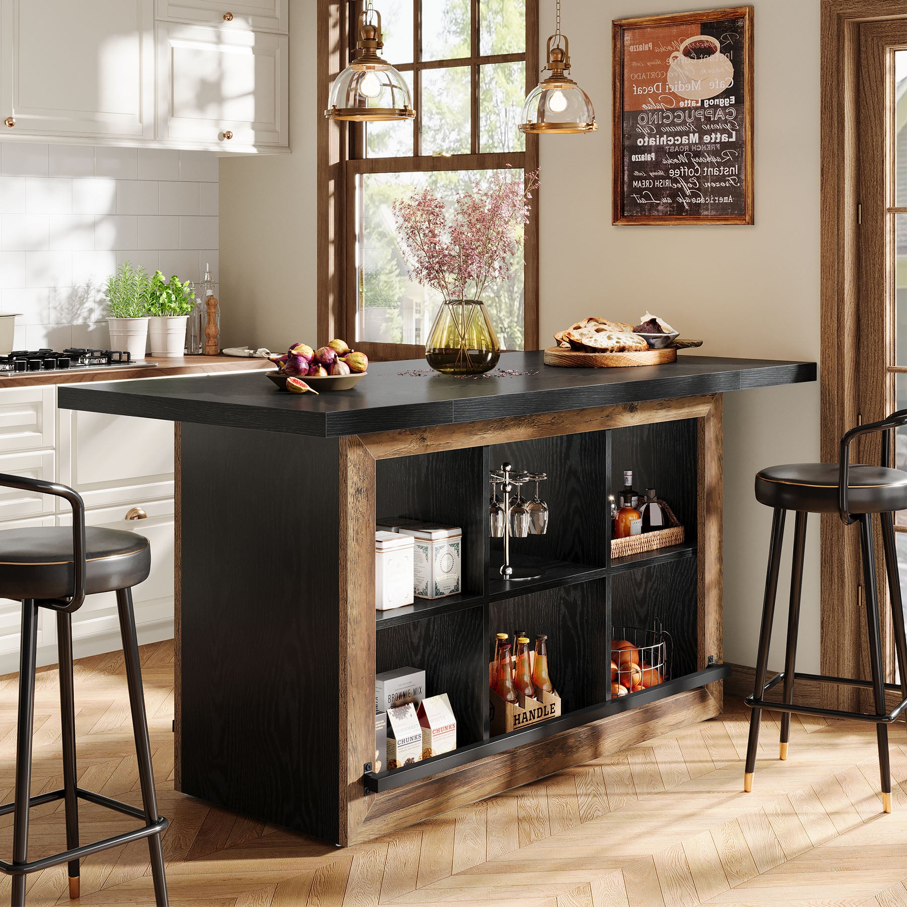 62.6" Kitchen Island, Counter Height Stationary Table with 6 Open Cubbies