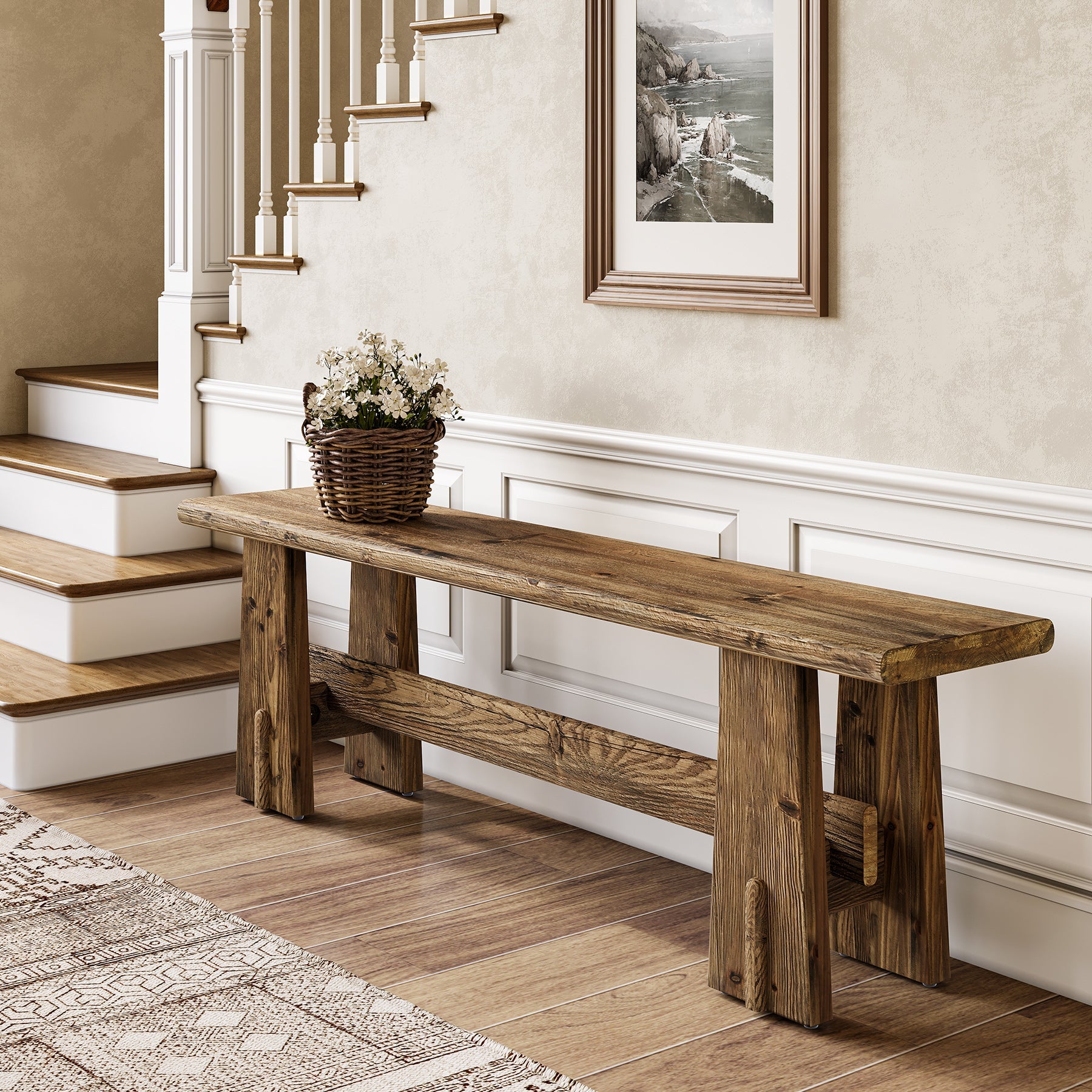 59" Wood Entryway Bench, Traditional Hallway Bench End of Bed Bench