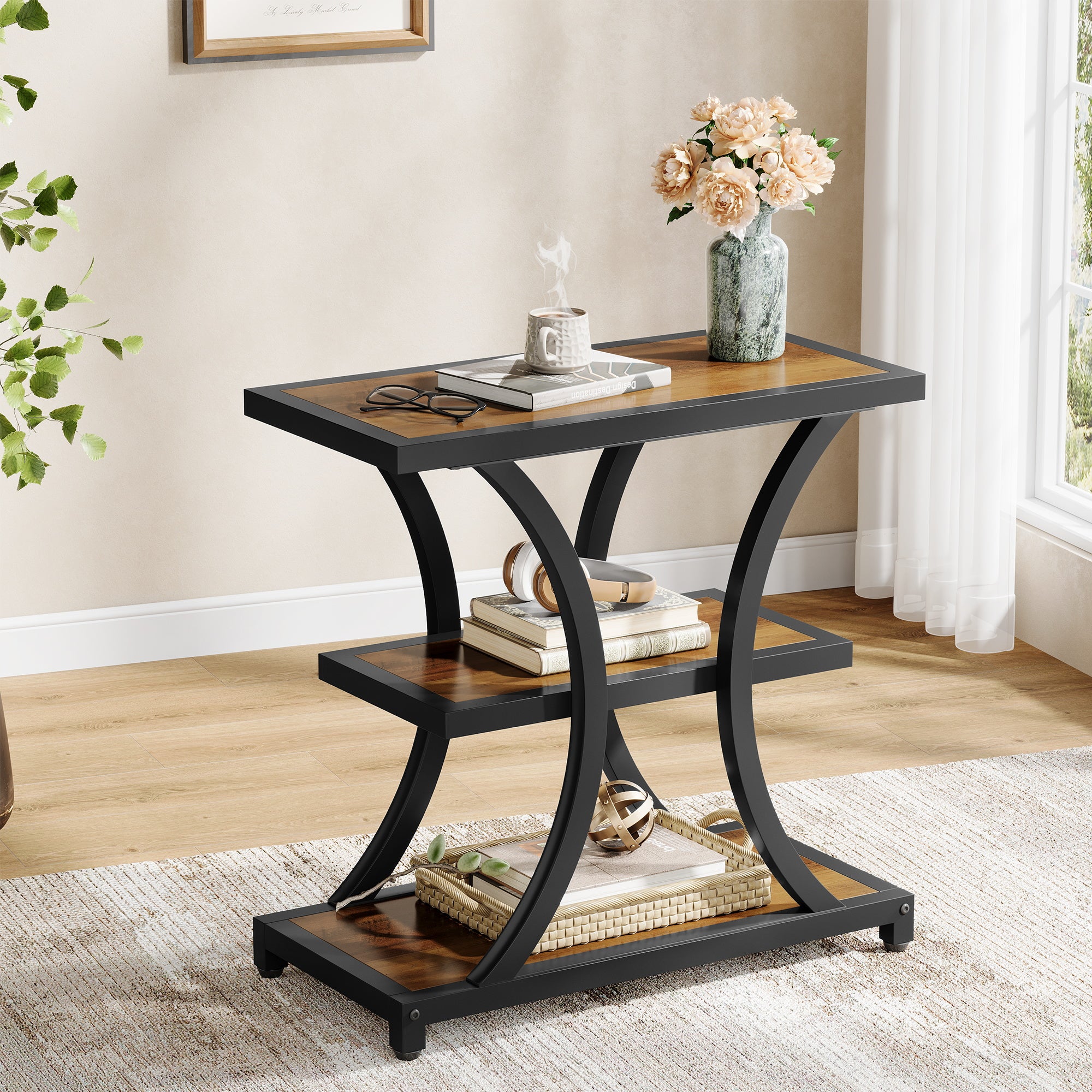 3-Tier End Table, Industrial Side Table with Geometric Metal Design